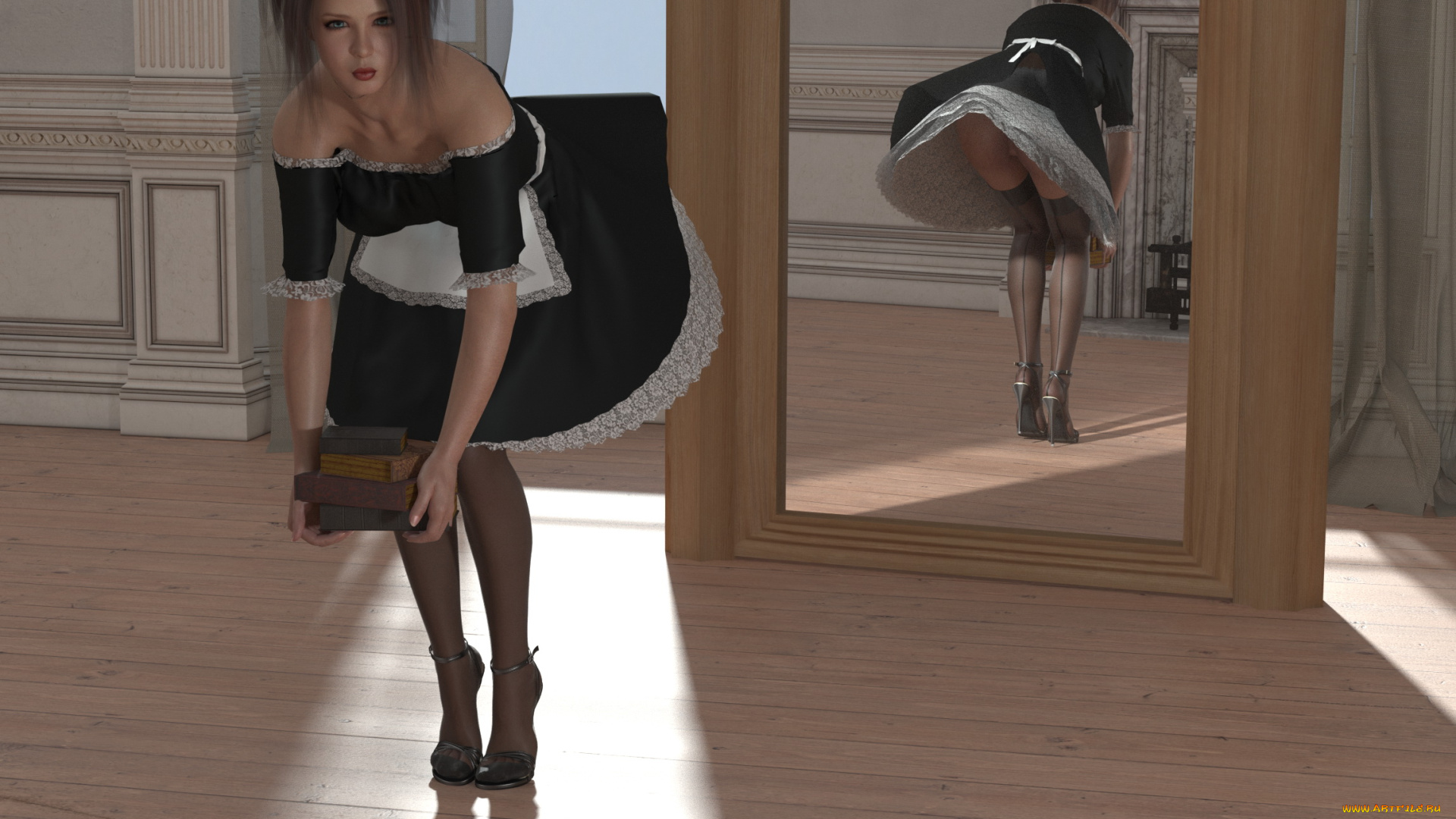 3д, графика, люди, , people, девушка, фон, взгляд, книги, зеркало