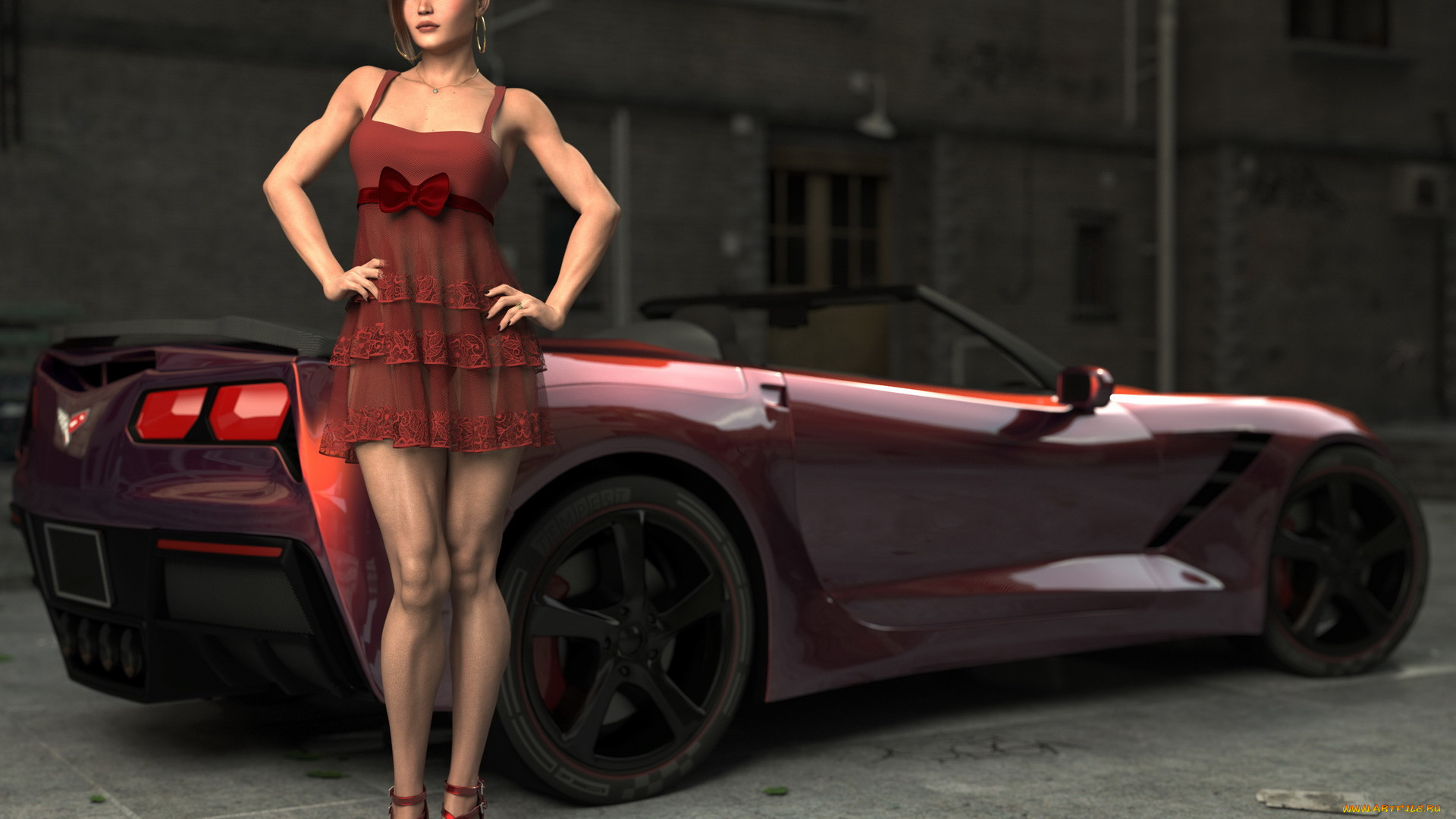 3д, графика, люди-авто, мото, , people-, car, , , moto, автомобиль, платье, взгляд, фон, девушка