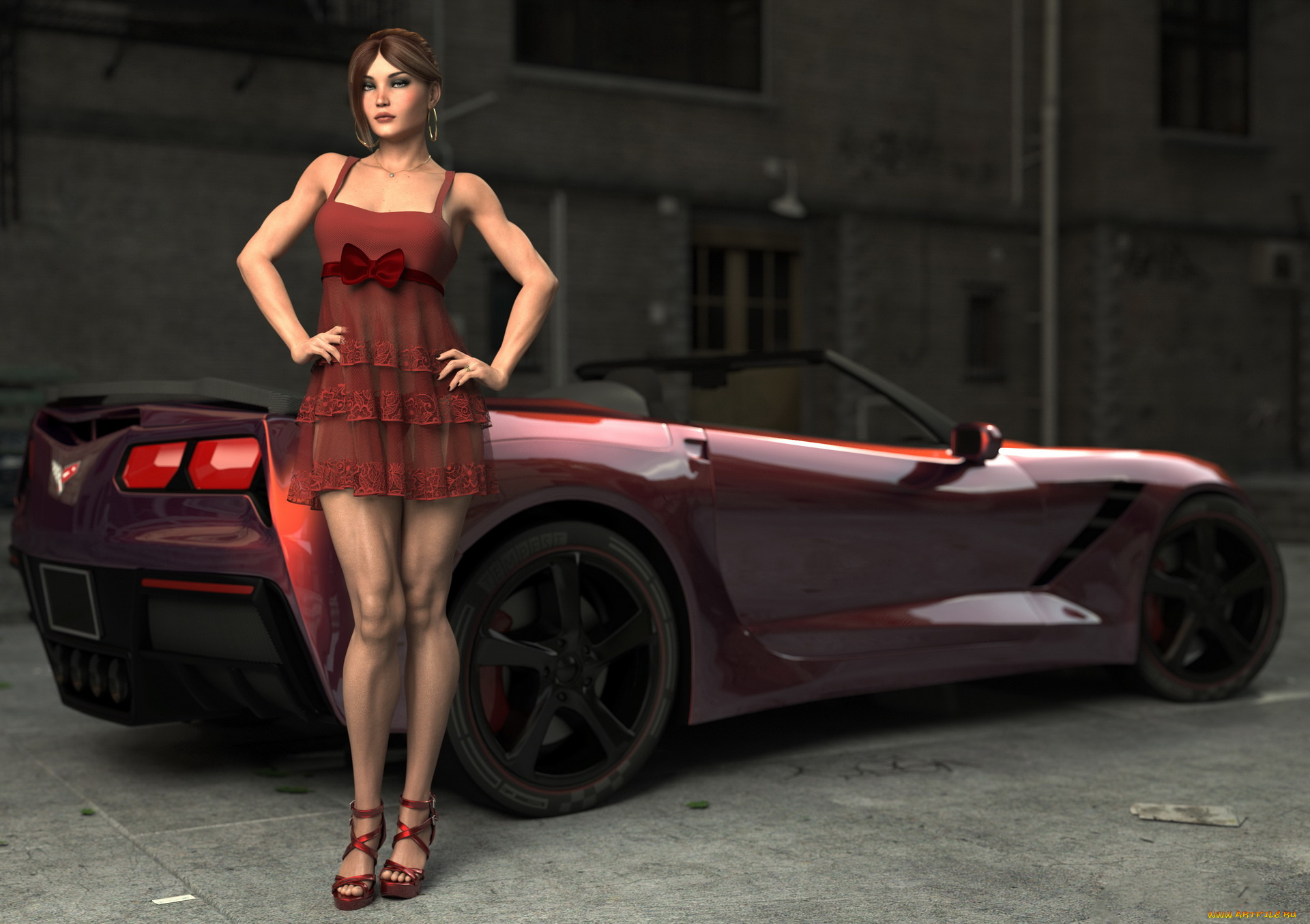 3д, графика, люди-авто, мото, , people-, car, , , moto, автомобиль, платье, взгляд, фон, девушка