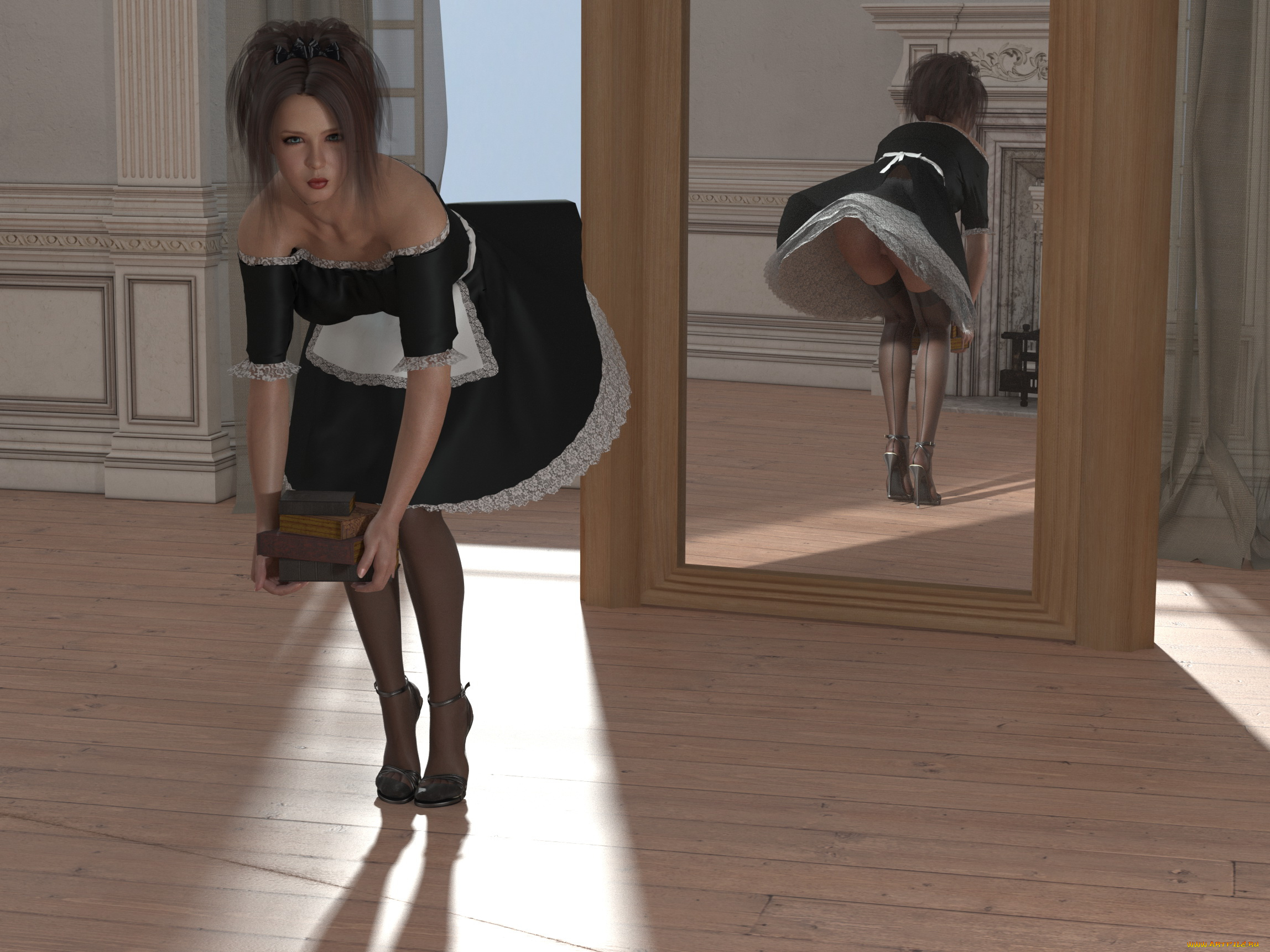 3д, графика, люди, , people, девушка, фон, взгляд, книги, зеркало