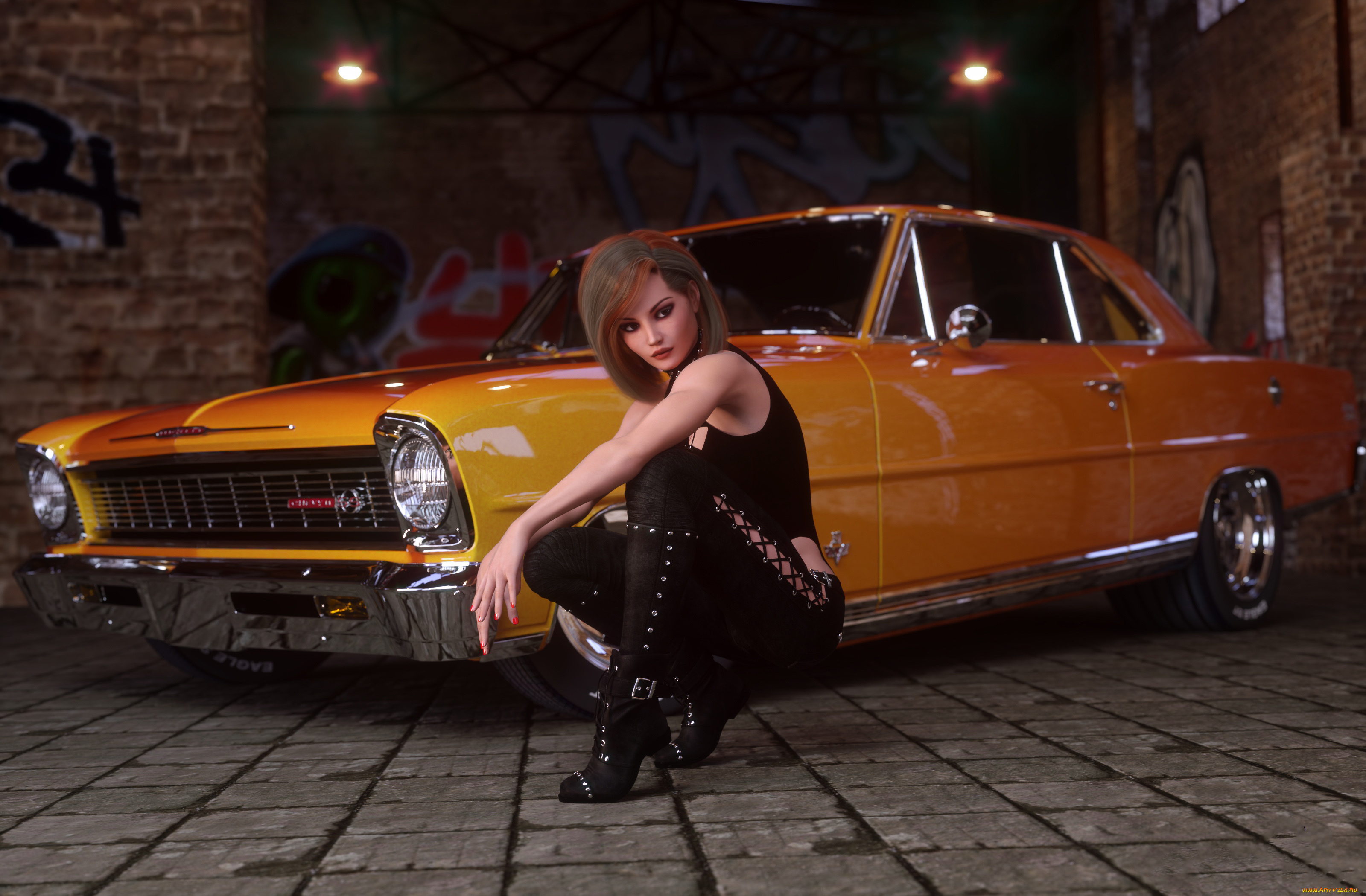 3д, графика, люди-авто, мото, , people-, car, , , moto, взгляд, фон, девушка, автомобиль