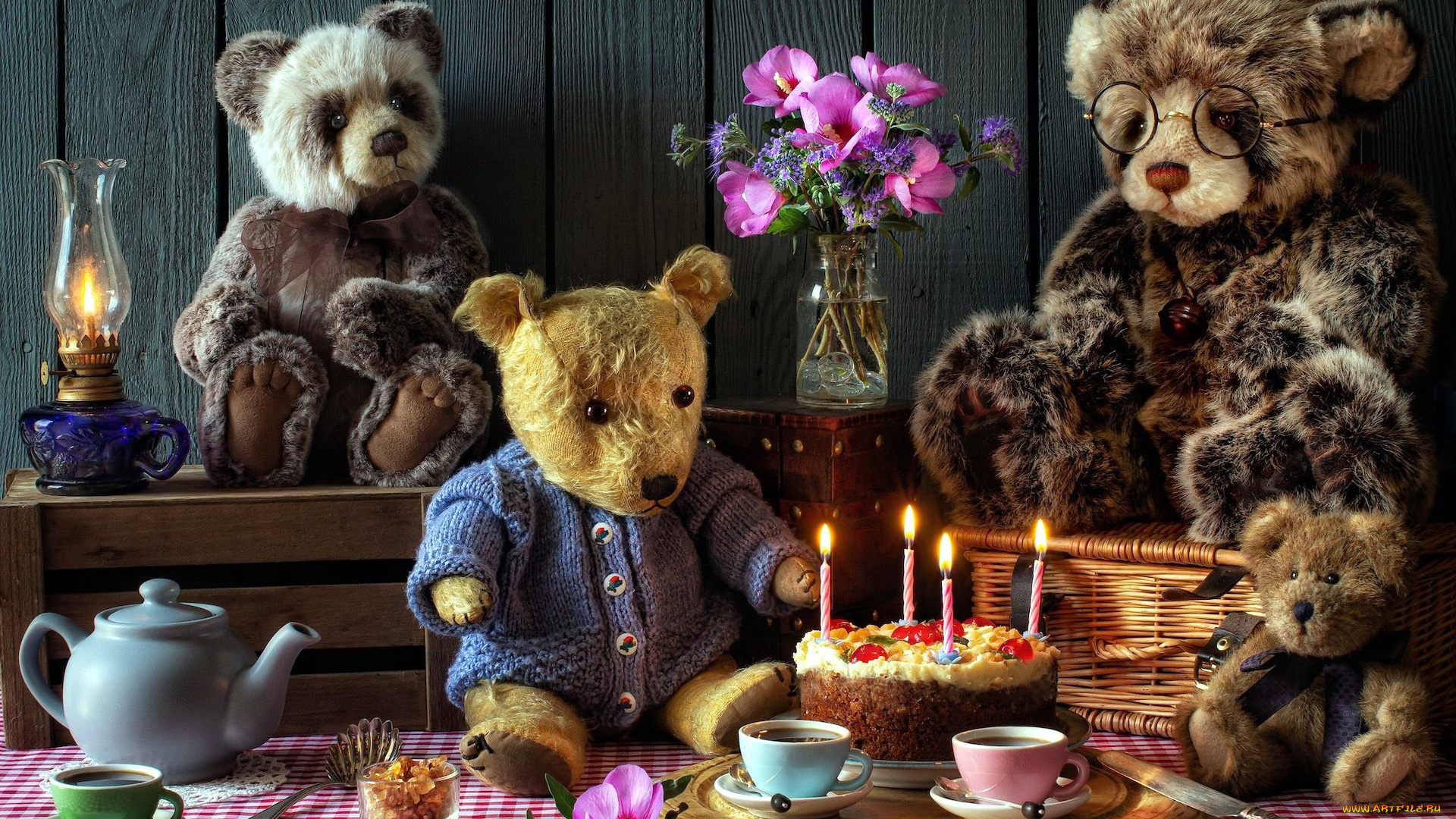 разное, игрушки, медведи, чай, торт, свечи