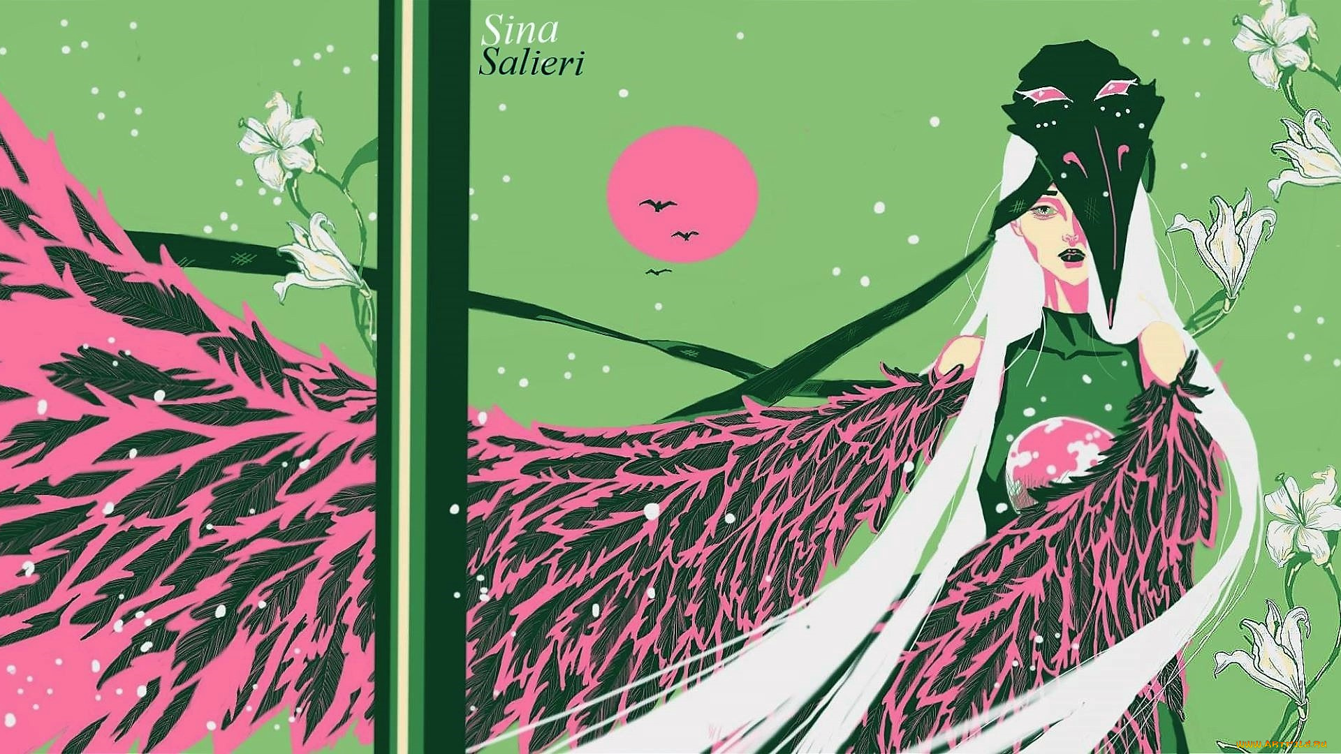 фэнтези, существа, женщина, крылья, цветы, маска