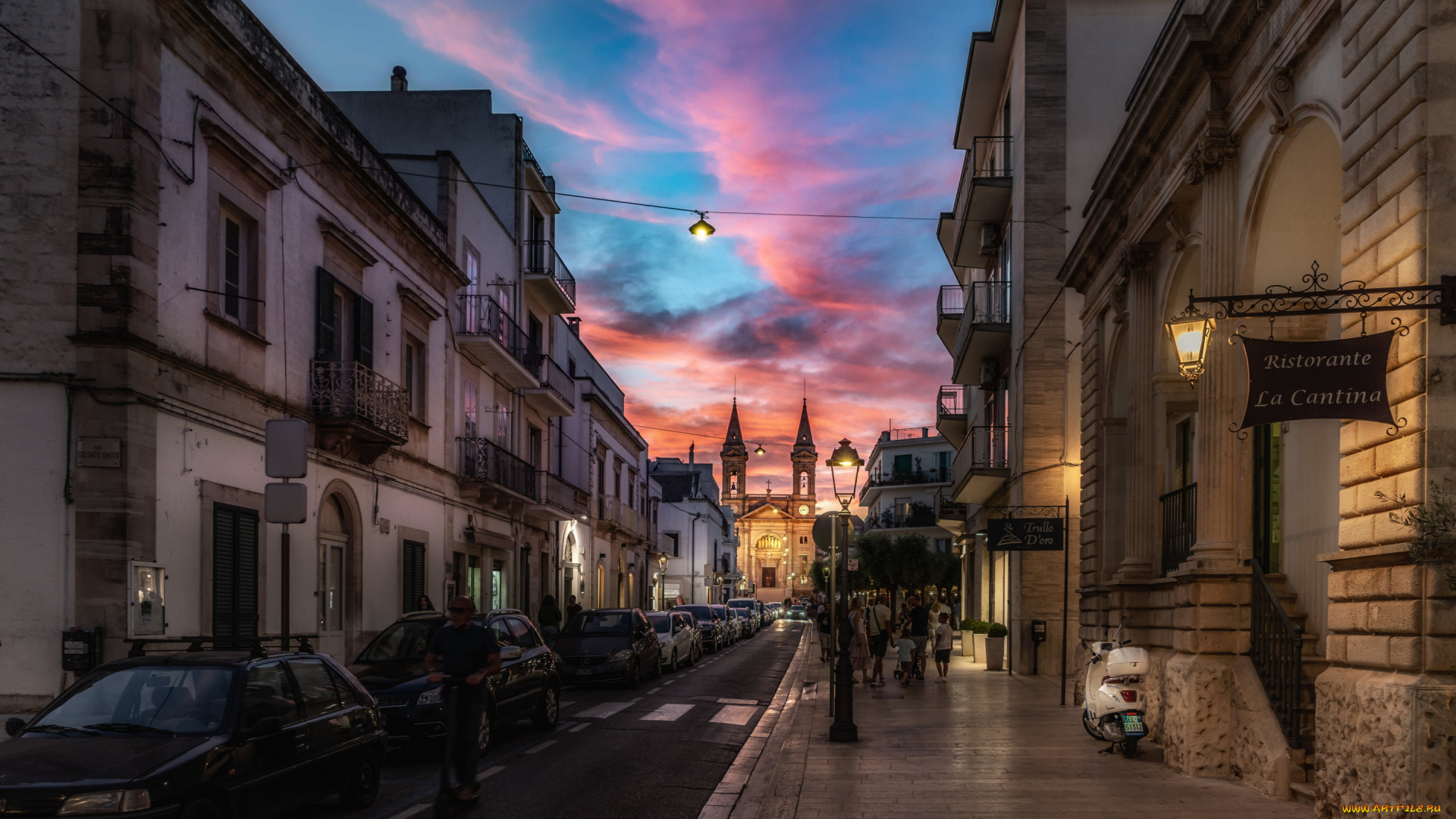 города, -, улицы, , площади, , набережные, альберобелло, вечер, церковь, городской, вид, апулия, италия