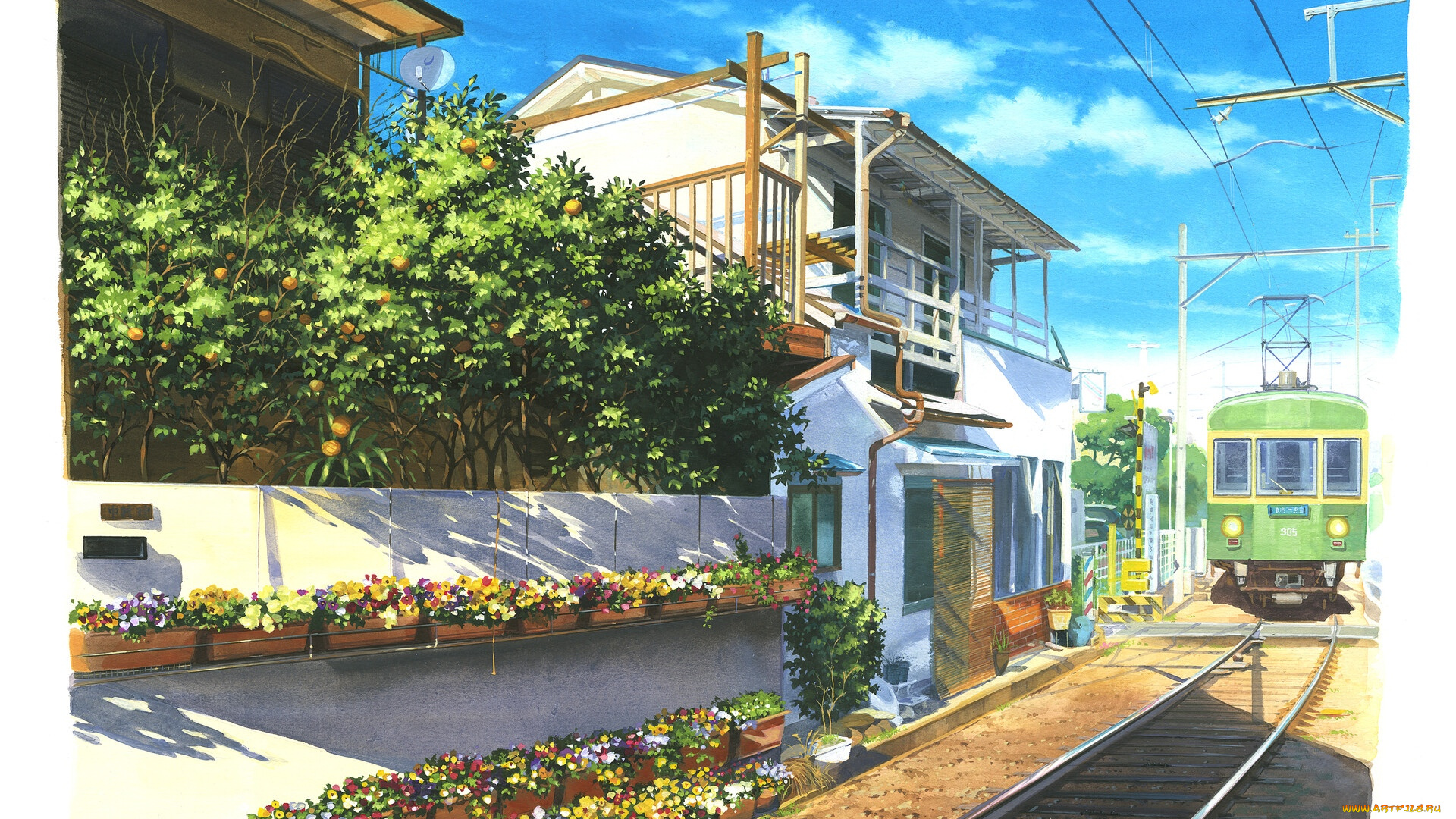 рисованное, города, трамвай, улица, дома, сад