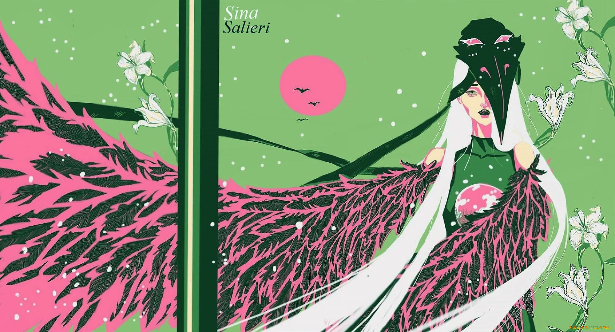 фэнтези, существа, женщина, крылья, цветы, маска