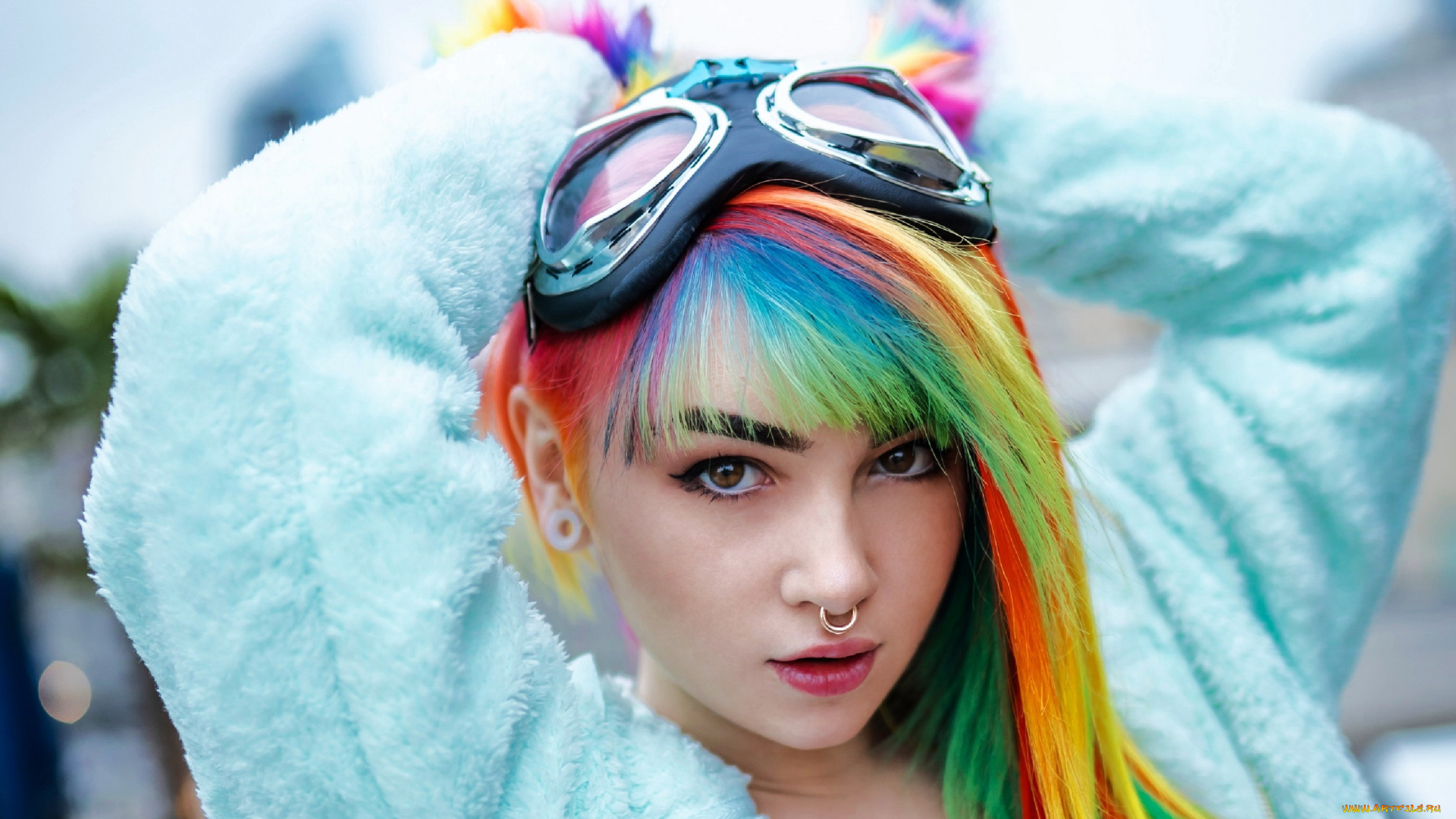 девушки, -, рыжеволосые, и, разноцветные, пирсинг, очки, разноцветные, волосы