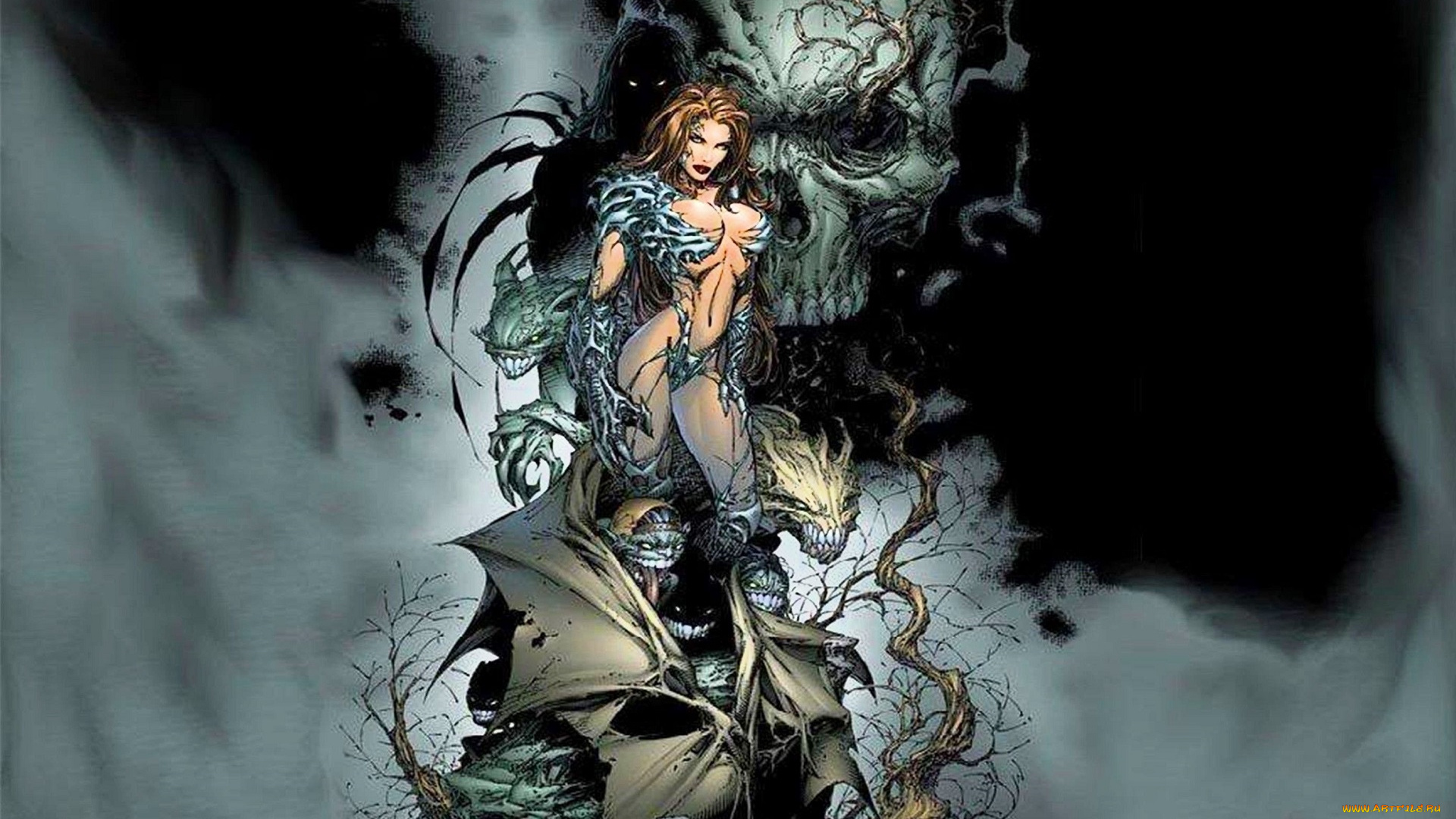 рисованное, комиксы, девушка, череп, нежить