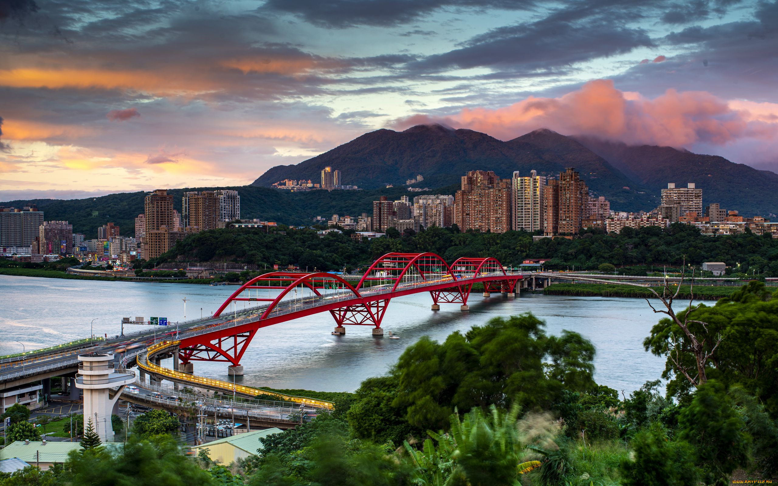 города, -, мосты, горы, мост, река, город