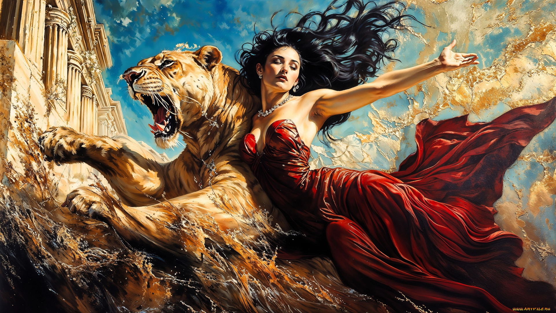 фэнтези, красавицы, и, чудовища, девушка, платье, магия, лев, здание