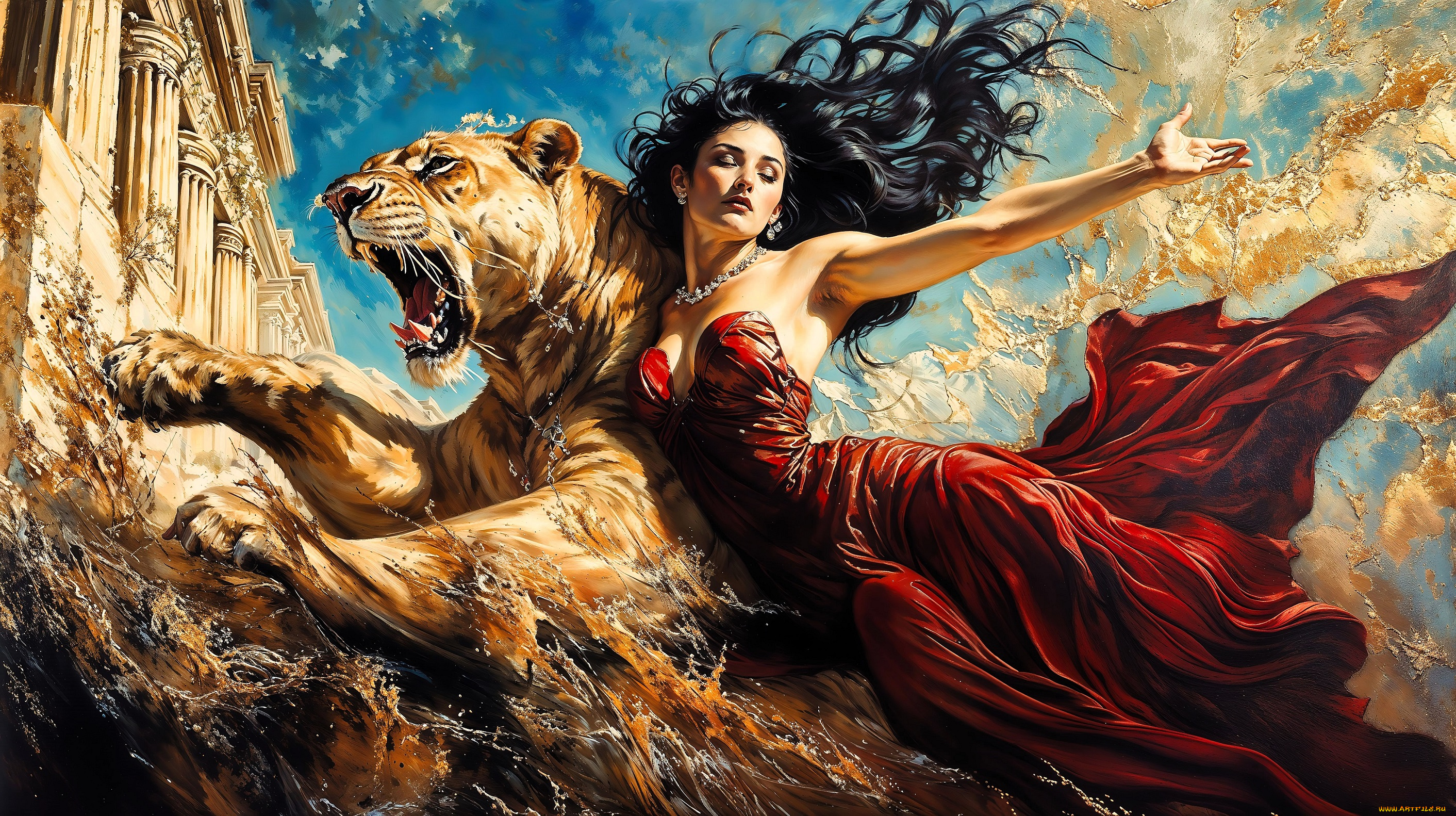 фэнтези, красавицы, и, чудовища, девушка, платье, магия, лев, здание