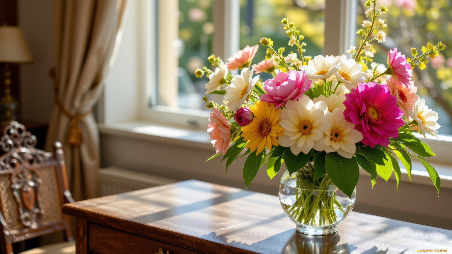 3д, графика, цветы, , flowers, окно, ваза, букет