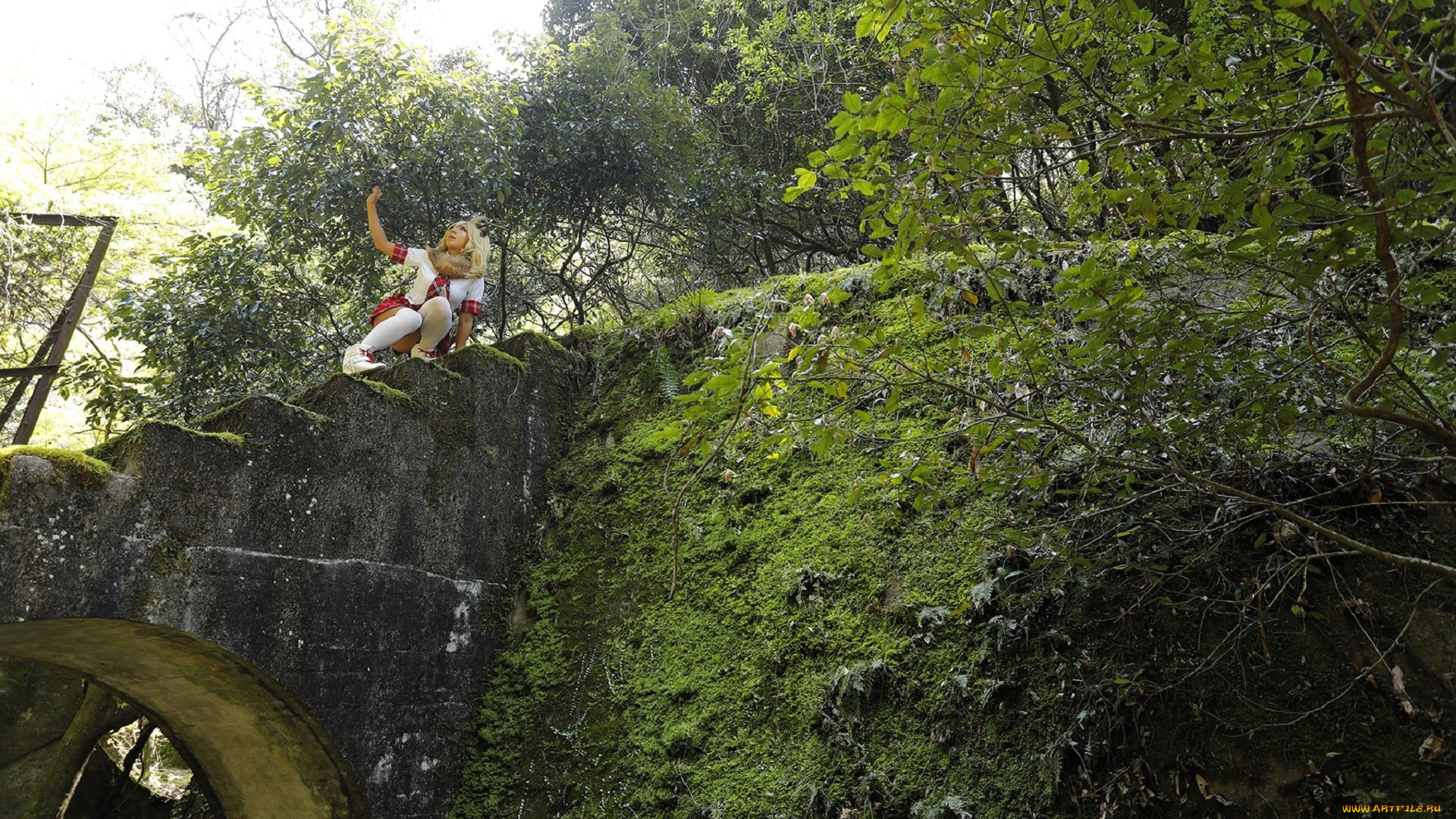 девушки, nonsummerjack, образ, косплей, наряд, костюм, горы, обрыв, мох, растения, развлины, ступени