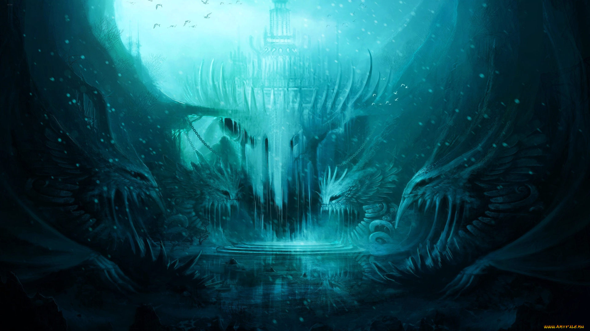 фэнтези, замки, дворец, птицы, скалы, статуи, ступени