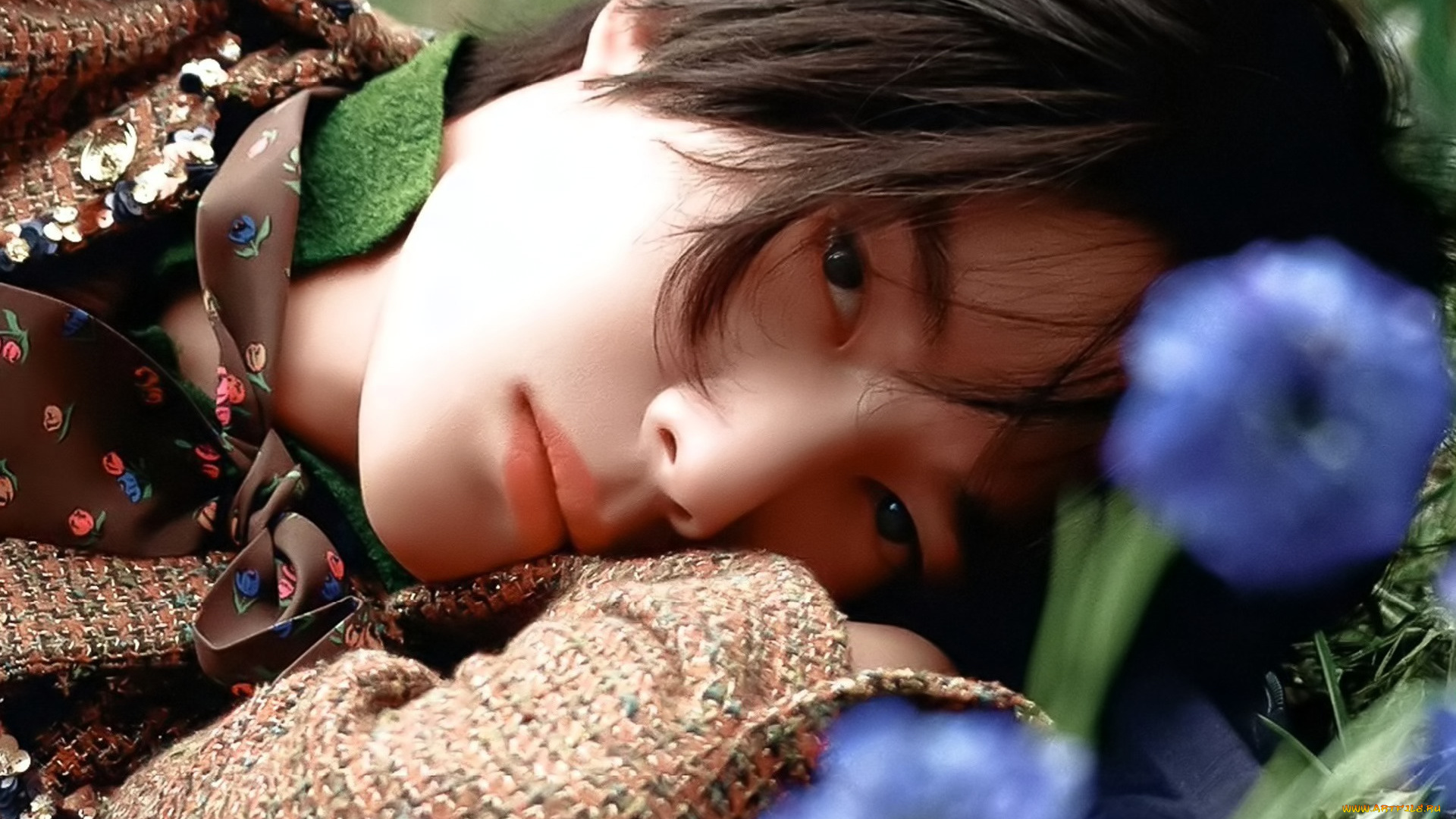 мужчины, wang, yi, bo, актер, лицо, наряд, трава, цветы