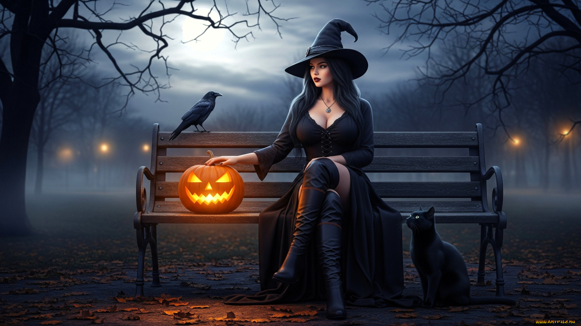 разное, компьютерный, дизайн, хэллоуин, девушка, ведьма, шляпа, сапоги, тыква, кот, ворон, деревья, скамейка, осень, листья, парк