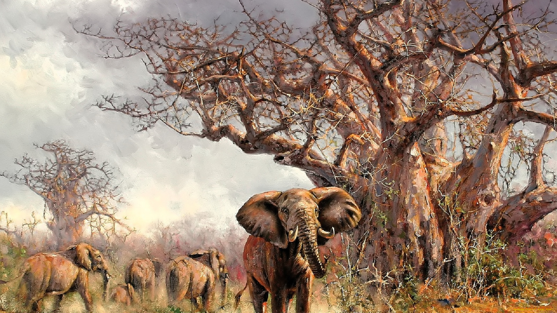 рисованное, eric, forlee, слоны, стадо, саванна, деревья