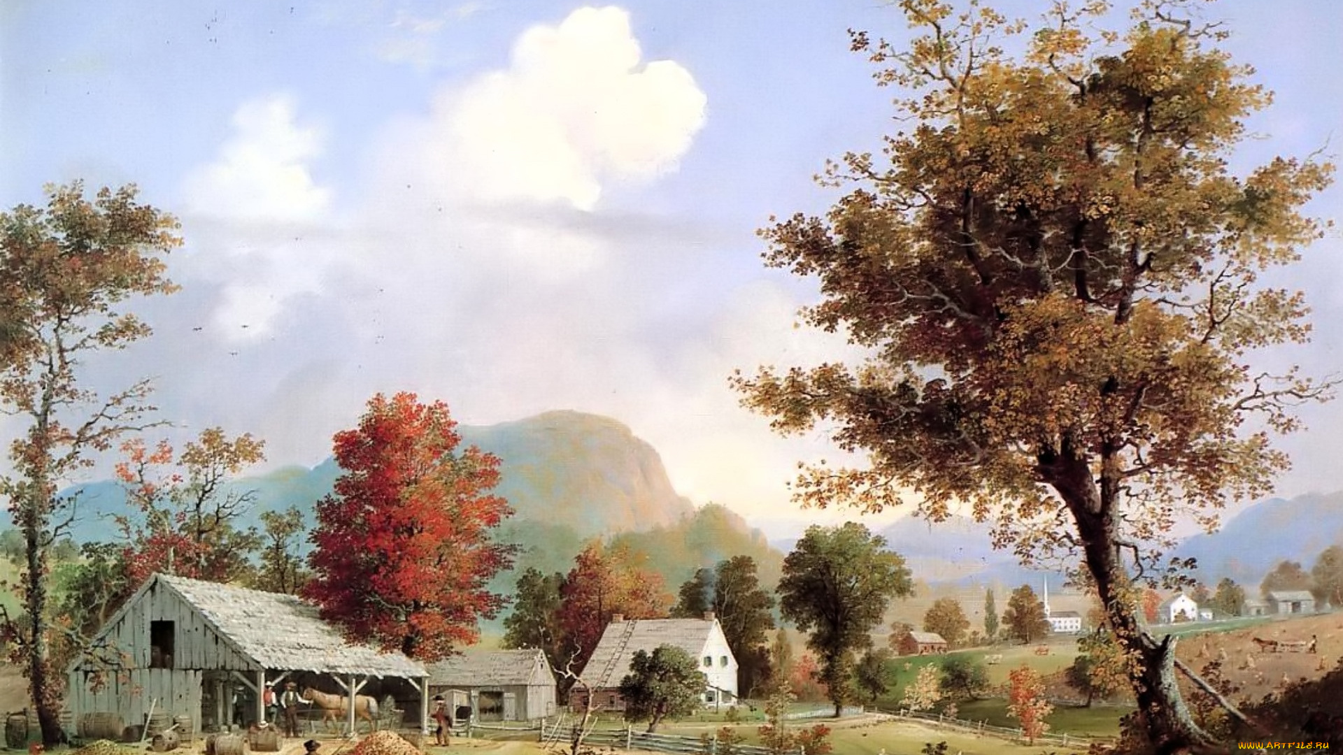 рисованное, george, henry, durrie, деревья, деревня, дом, люди, животные