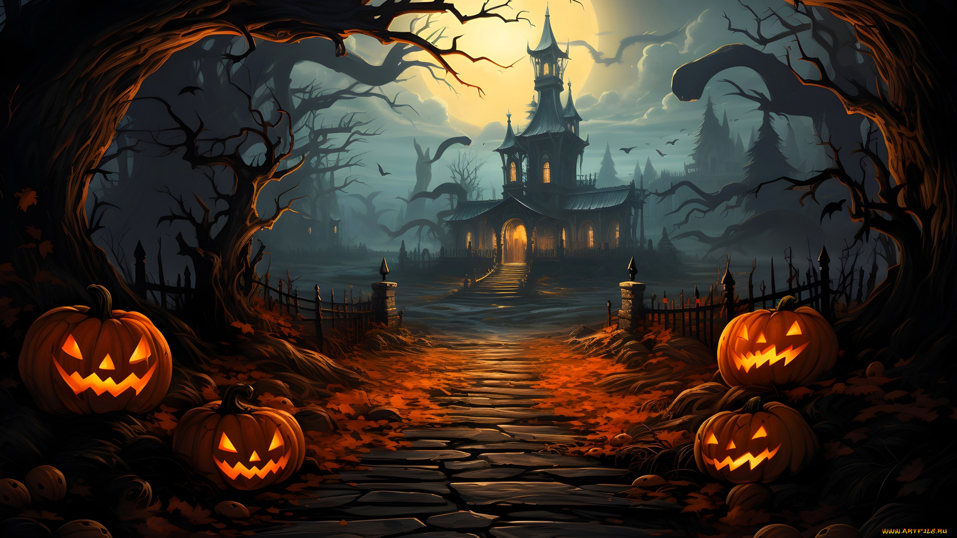 рисованное, праздники, хэллоуин, тыквы, ночь, луна, деревья, дорожка, особняк