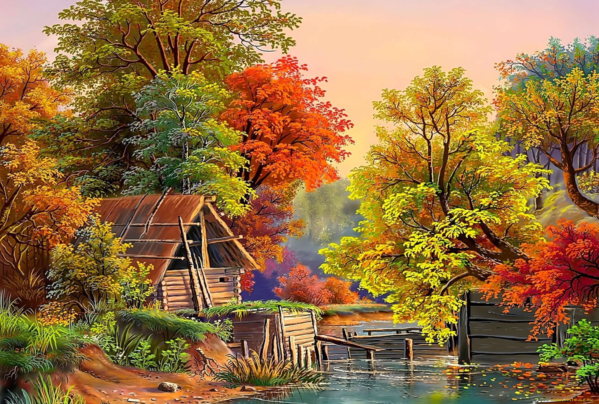 рисованное, виктор, цыганов, лес, деревья, осень, изба, река, бревна, запруда