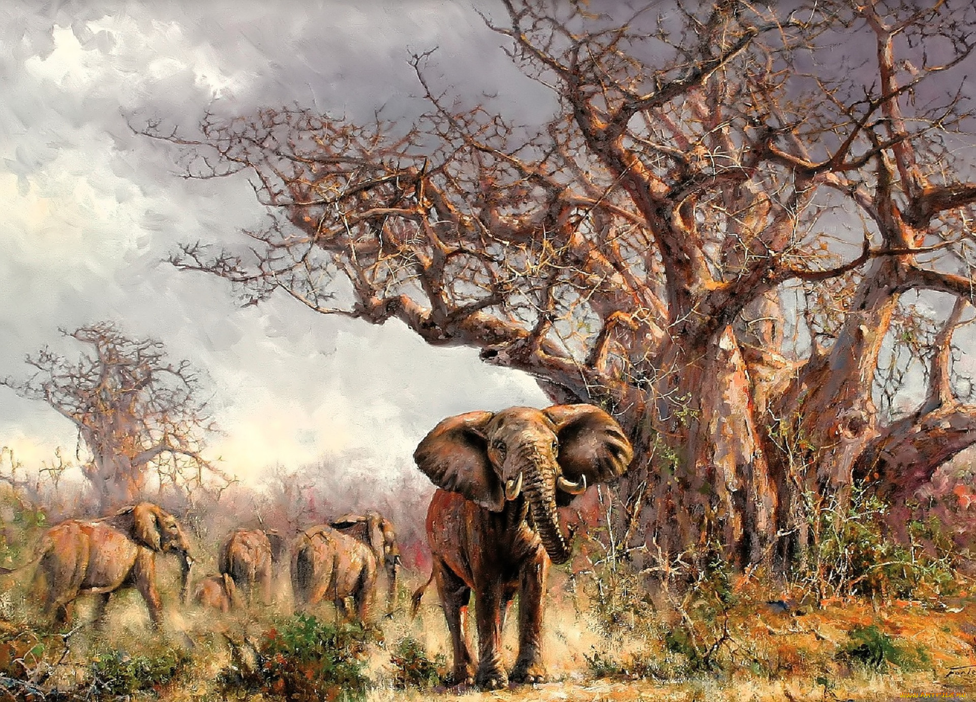 рисованное, eric, forlee, слоны, стадо, саванна, деревья