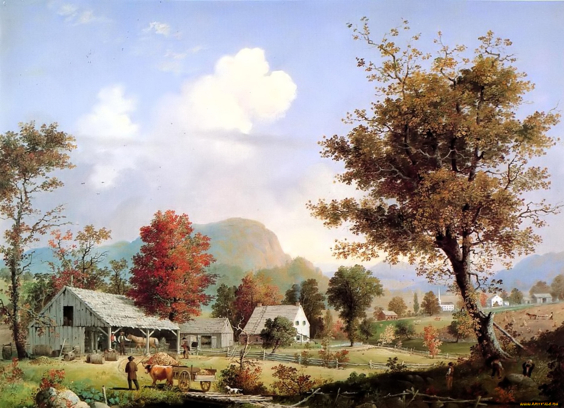 рисованное, george, henry, durrie, деревья, деревня, дом, люди, животные