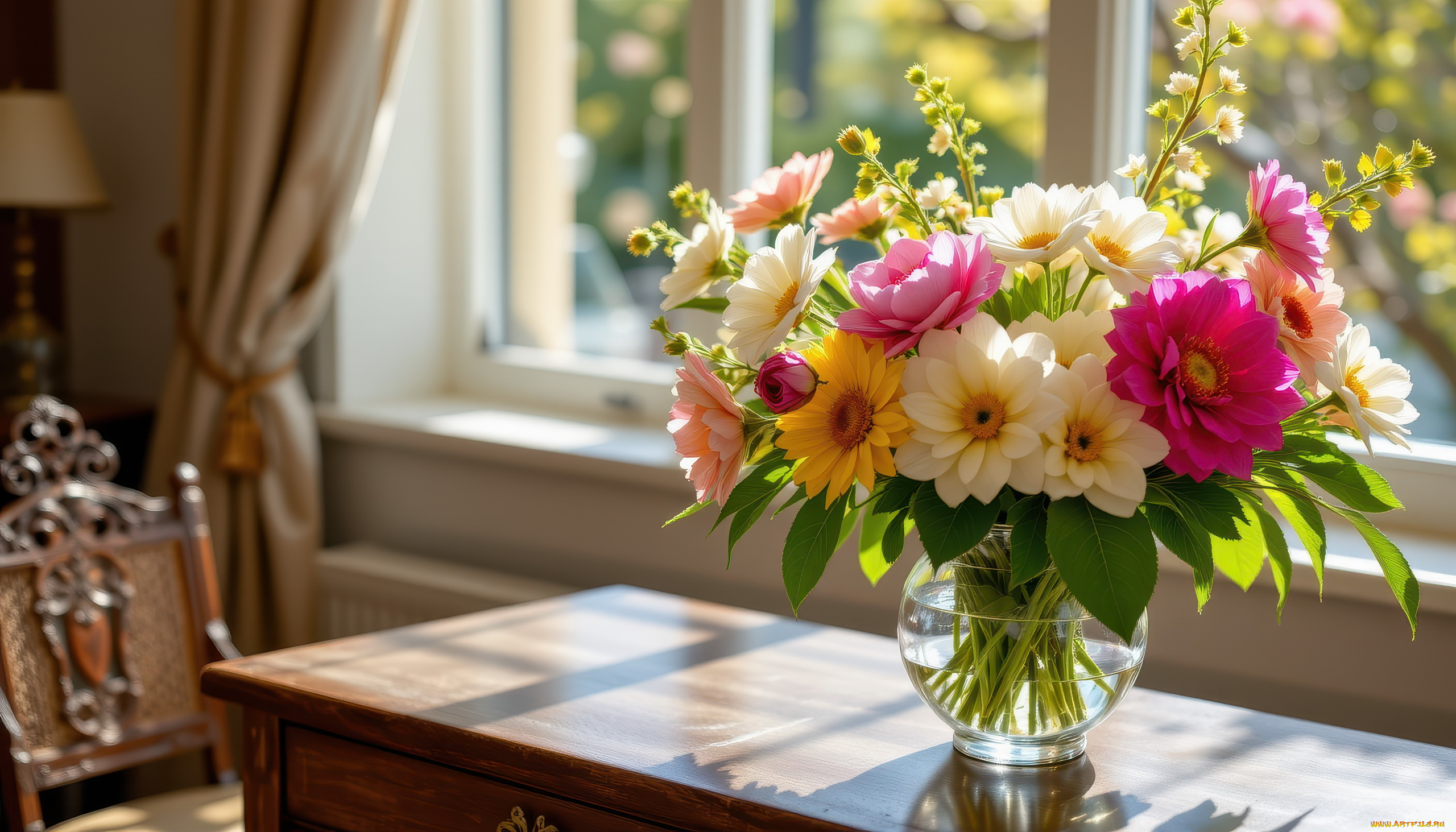 3д, графика, цветы, , flowers, окно, ваза, букет