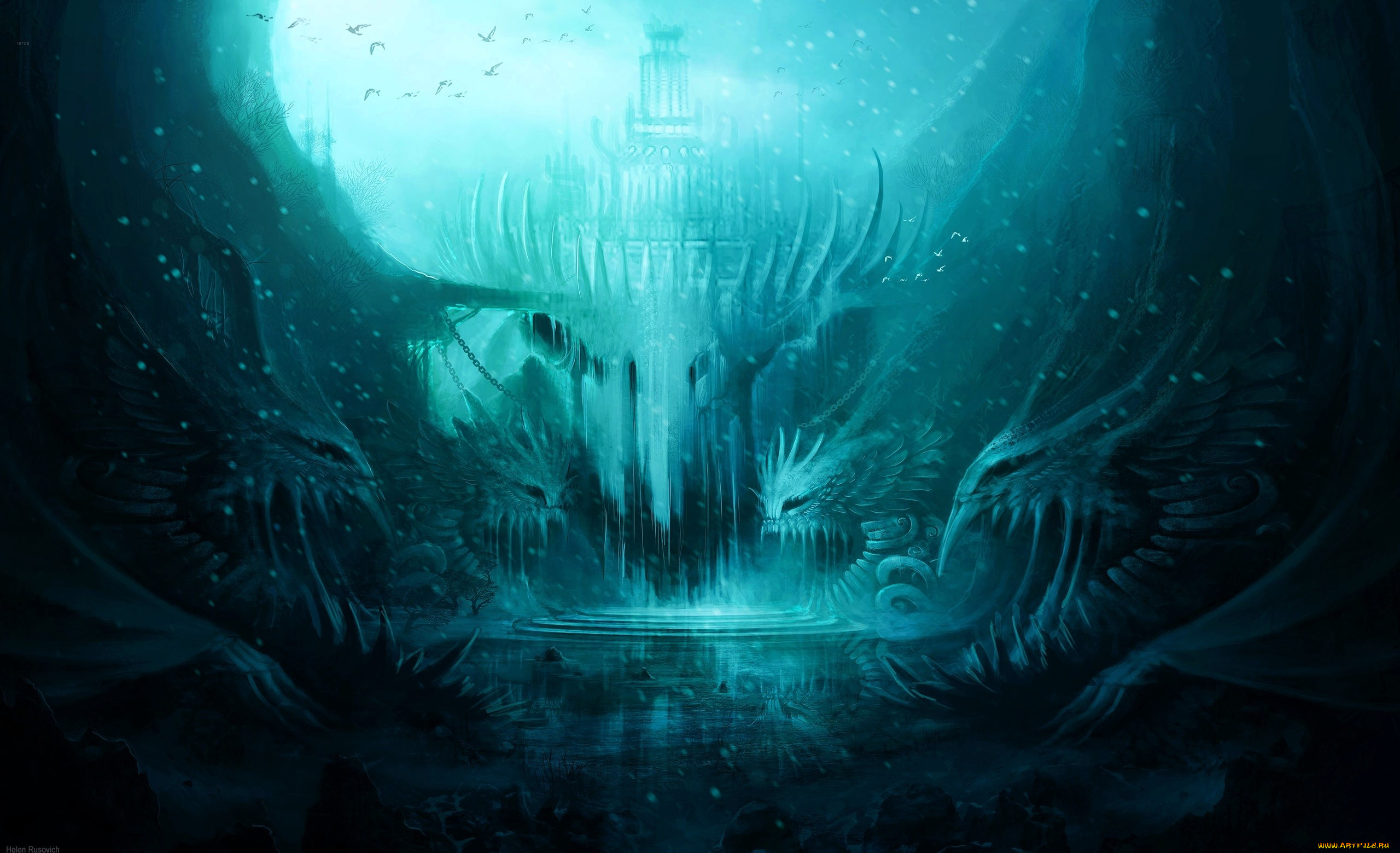 фэнтези, замки, дворец, птицы, скалы, статуи, ступени