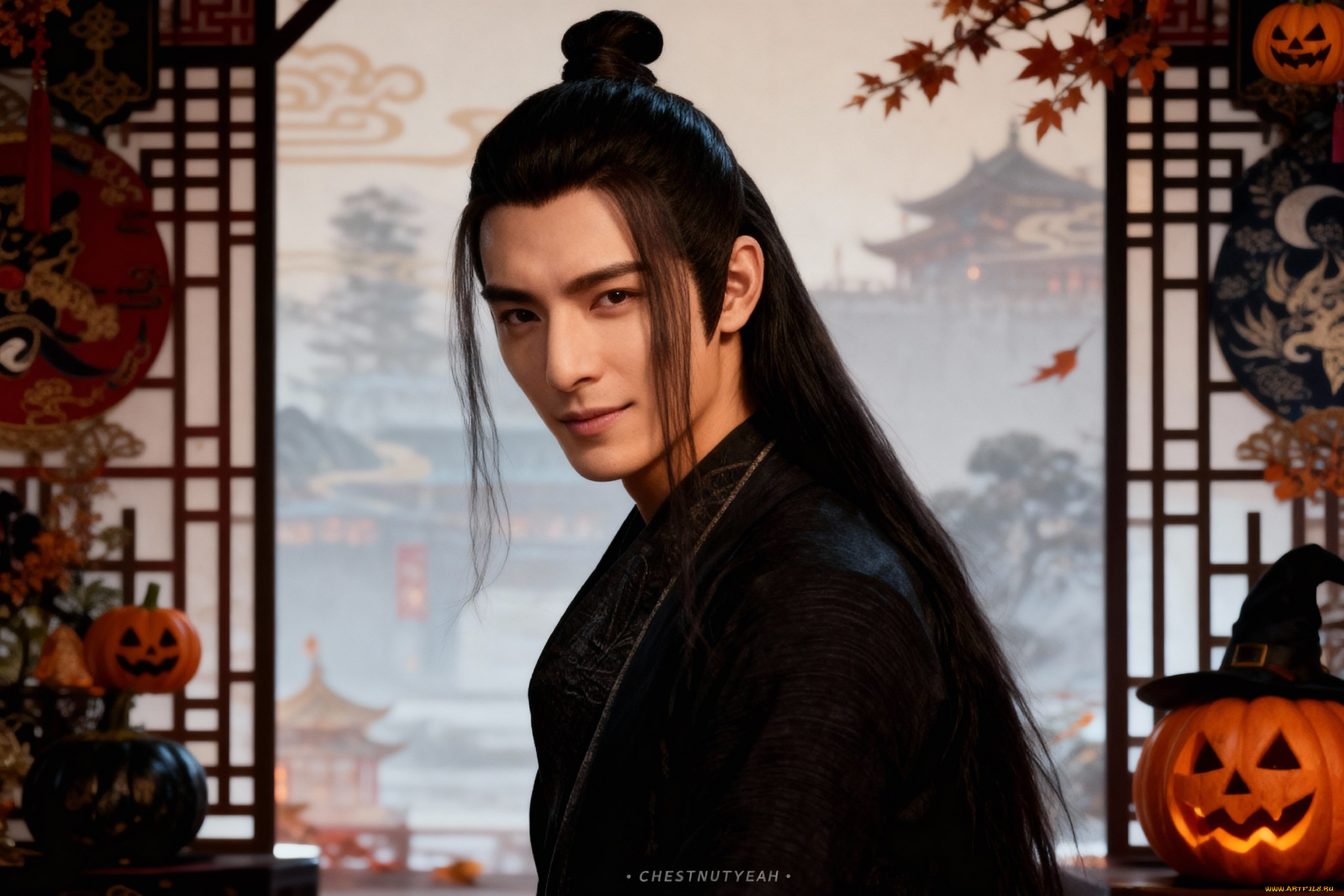праздничные, хэллоуин, китаец, парень, ии