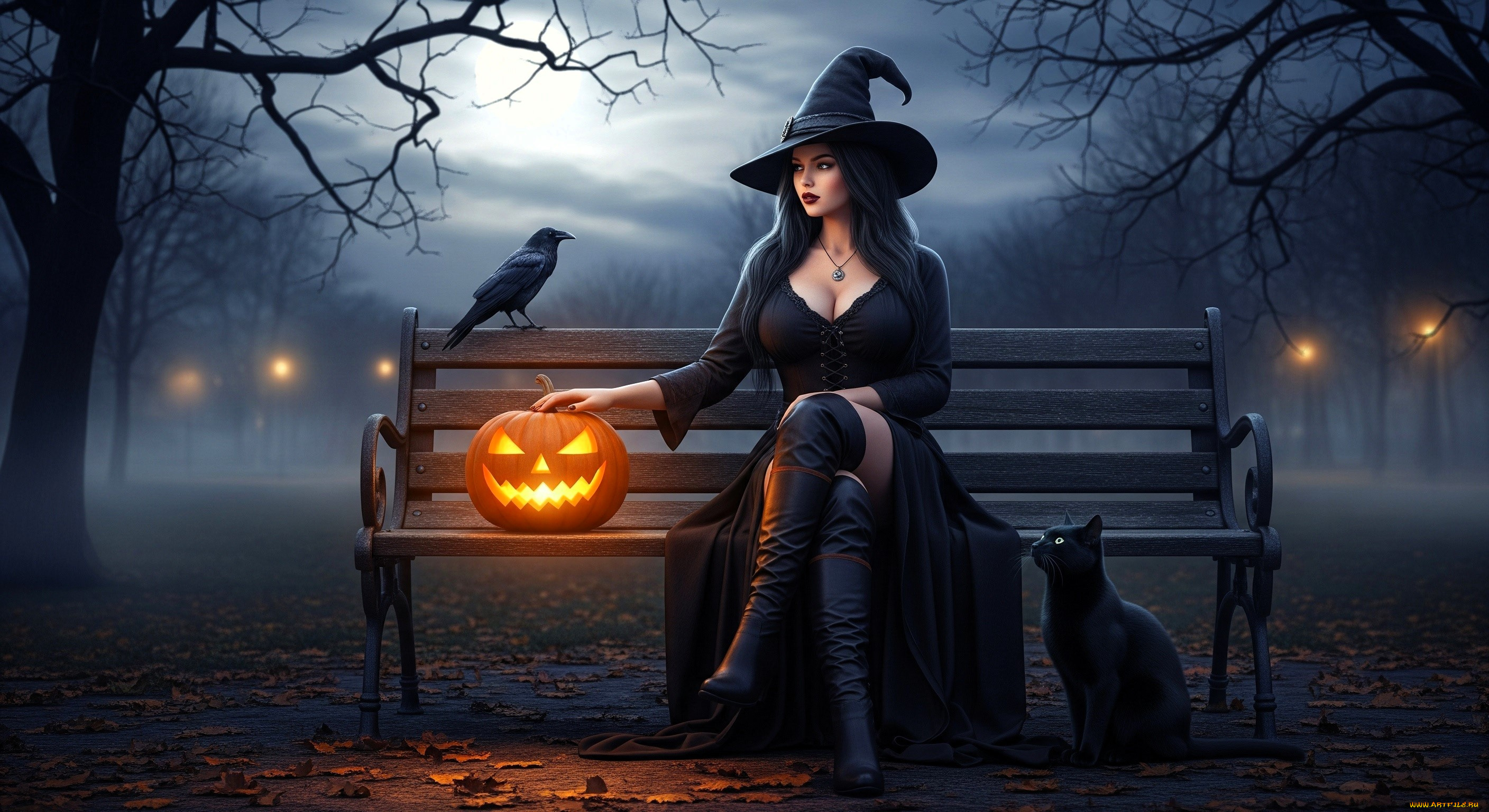 разное, компьютерный, дизайн, хэллоуин, девушка, ведьма, шляпа, сапоги, тыква, кот, ворон, деревья, скамейка, осень, листья, парк