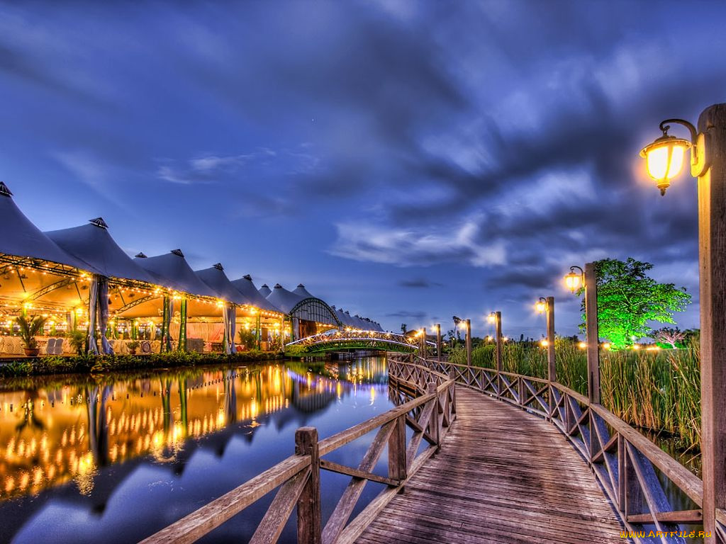 города, огни, ночного, miri, malaysia