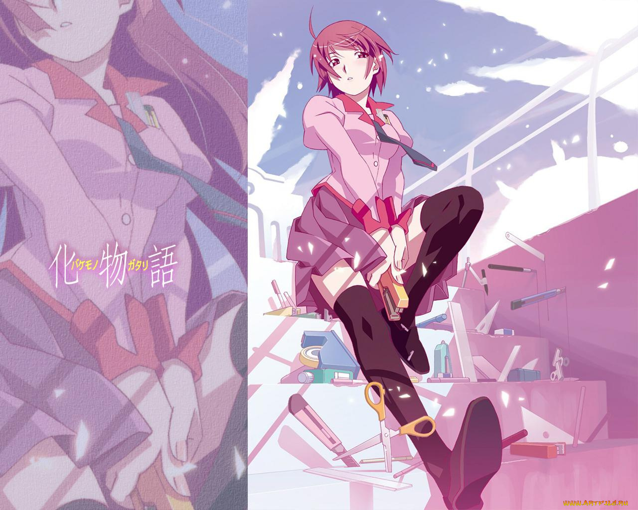 аниме, bakemonogatari, senjougahara, hitagi, девушка, форма, инструменты, степлер, ножницы, карандаш, ручка, нож, небо, облака, лестница, надпись
