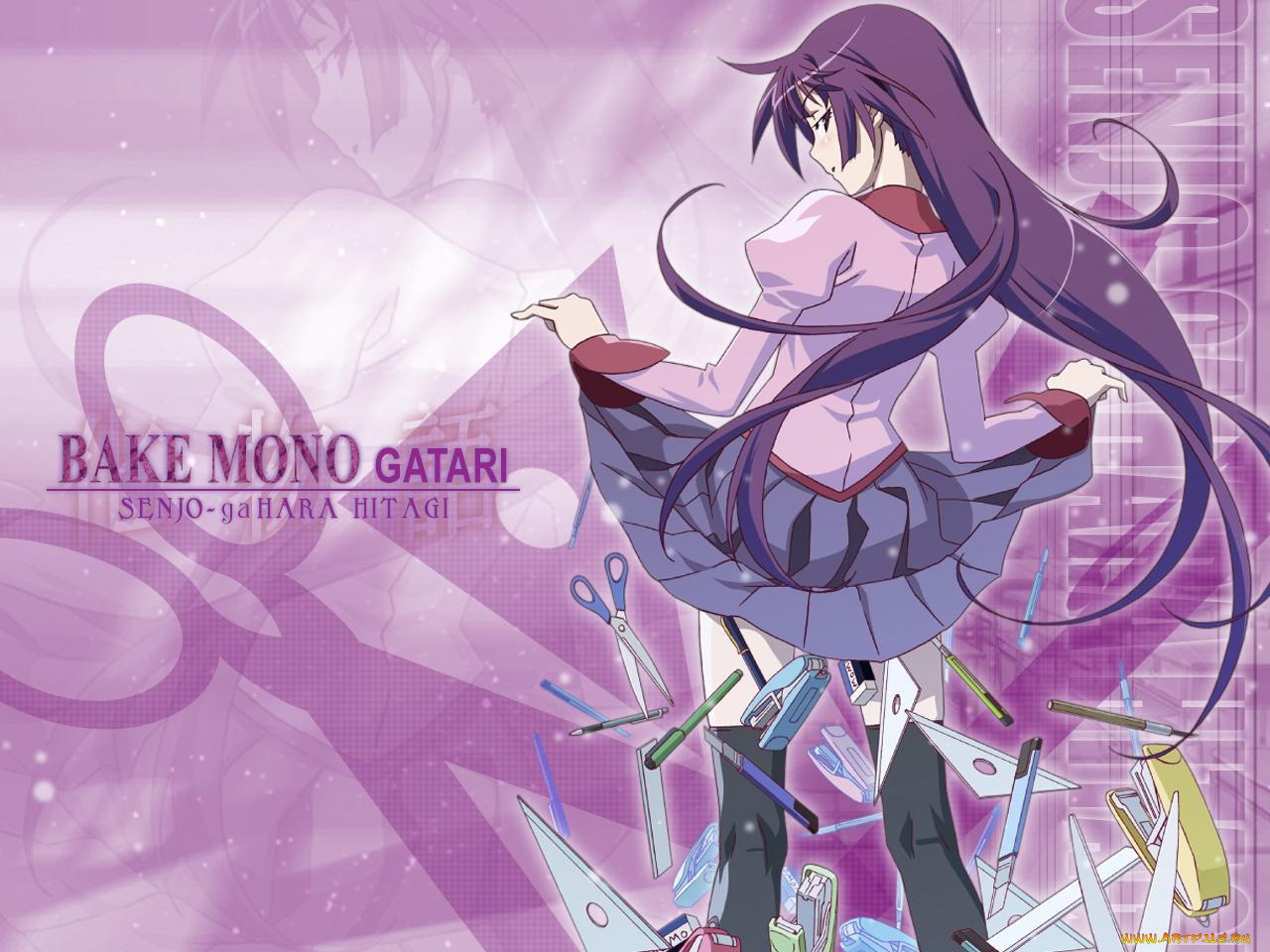 аниме, bakemonogatari, senjougahara, hitagi, девушка, форма, инструменты, степлер, ножницы, карандаш, ручка