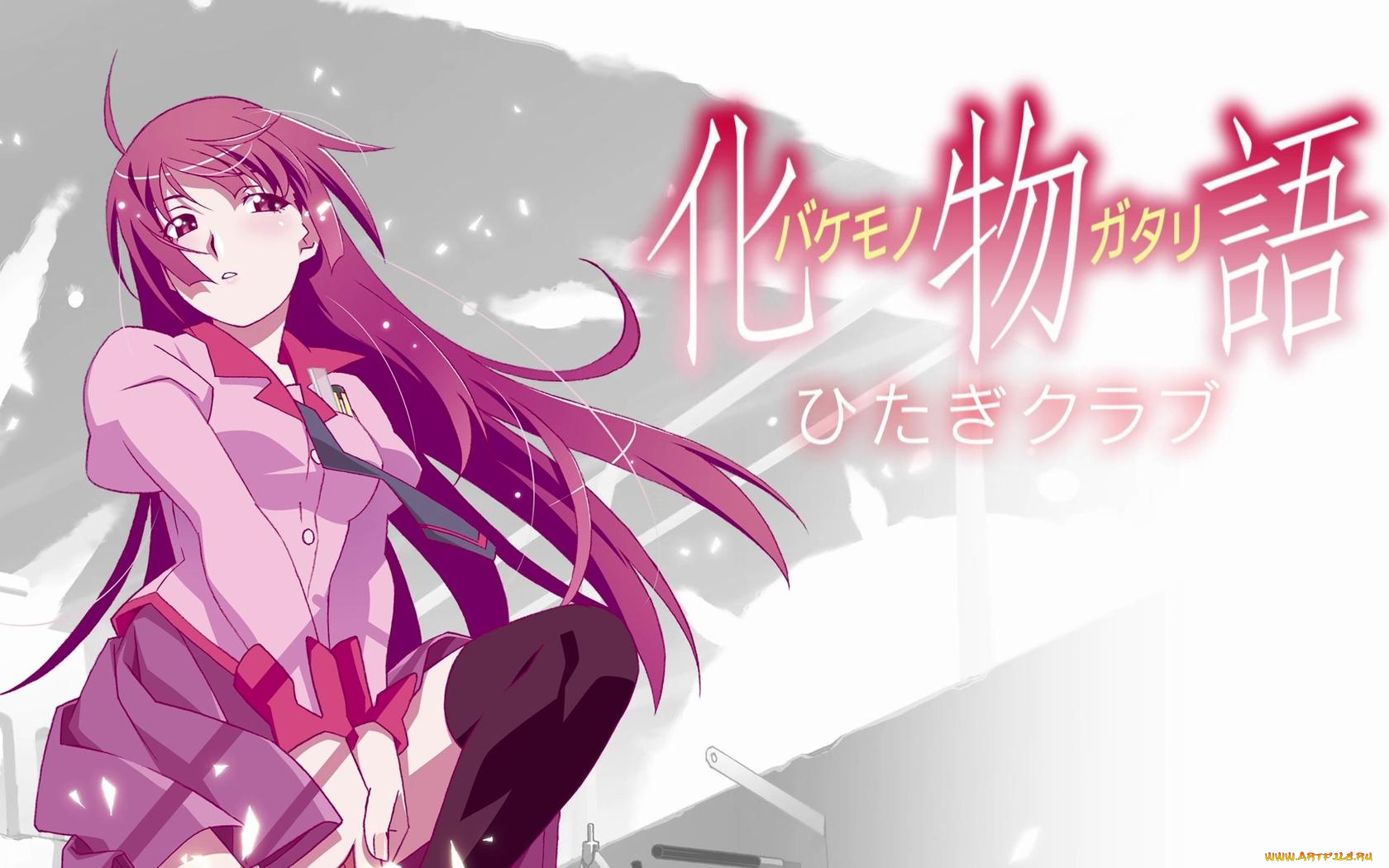 аниме, bakemonogatari, senjougahara, hitagi, девушка, форма, ветер, галстук