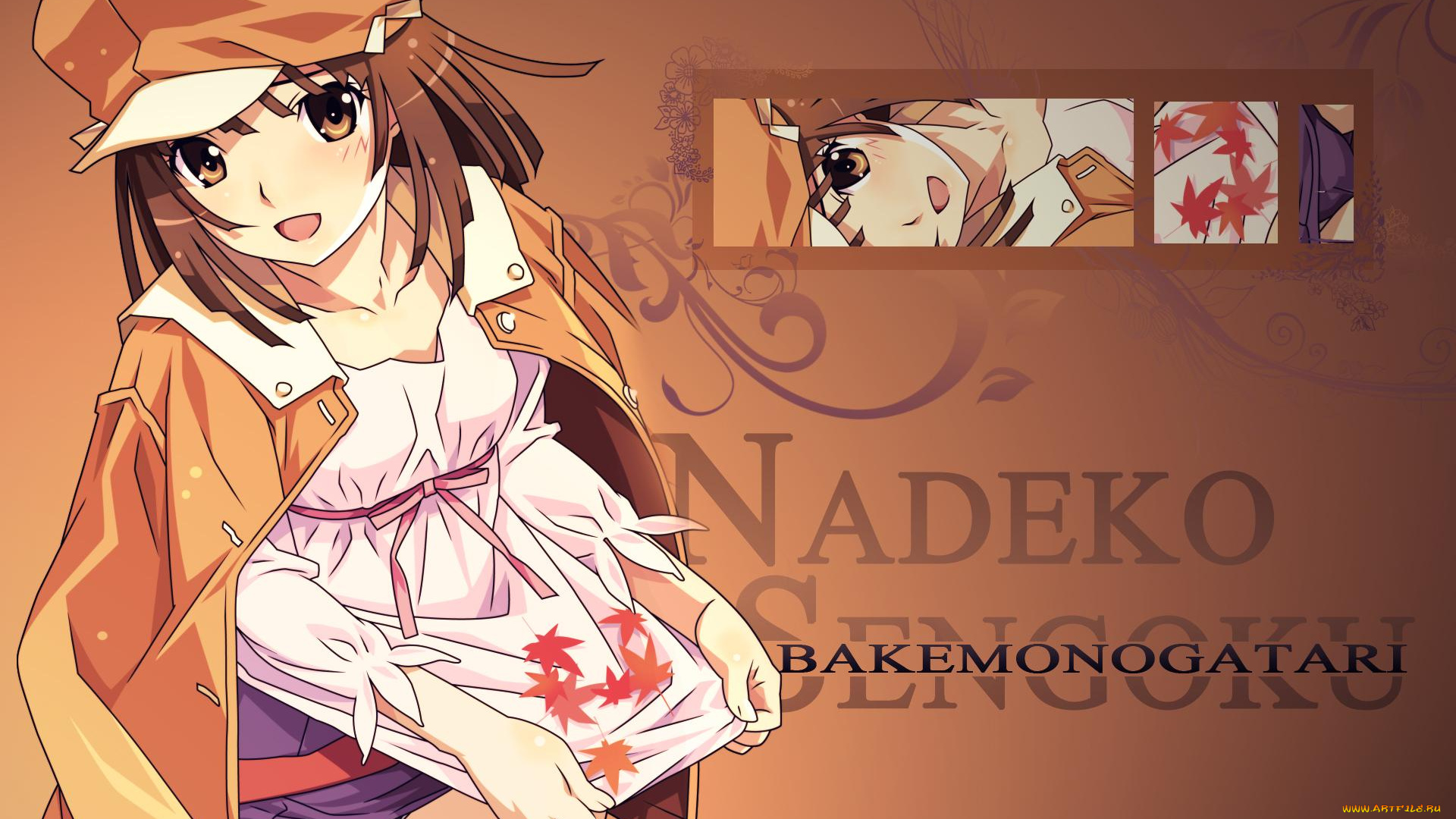 аниме, bakemonogatari, sengoku, nadeko, шляпа, пиджак, девушка, листья