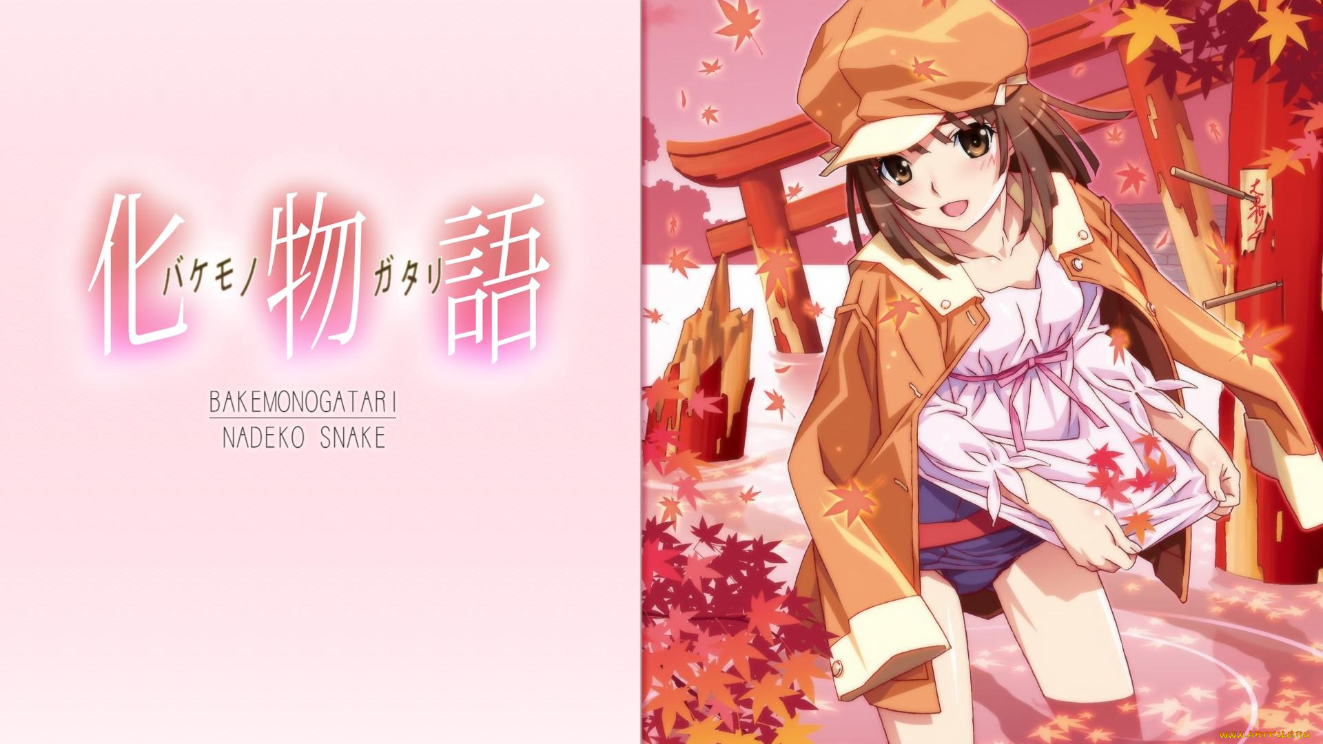 аниме, bakemonogatari, sengoku, nadeko, шляпа, пиджак, девушка, листья, храм, небо, облака