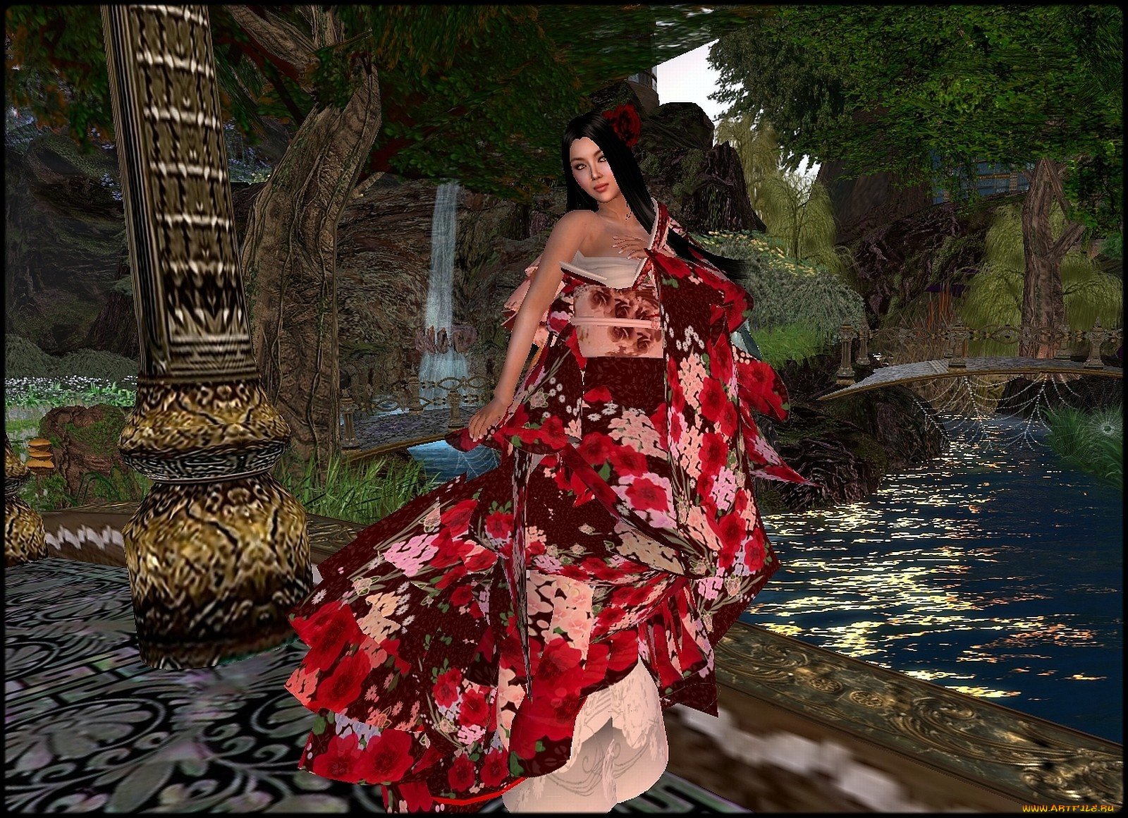 3д, графика, people, люди, кимоно, азиатка, волосы, вода