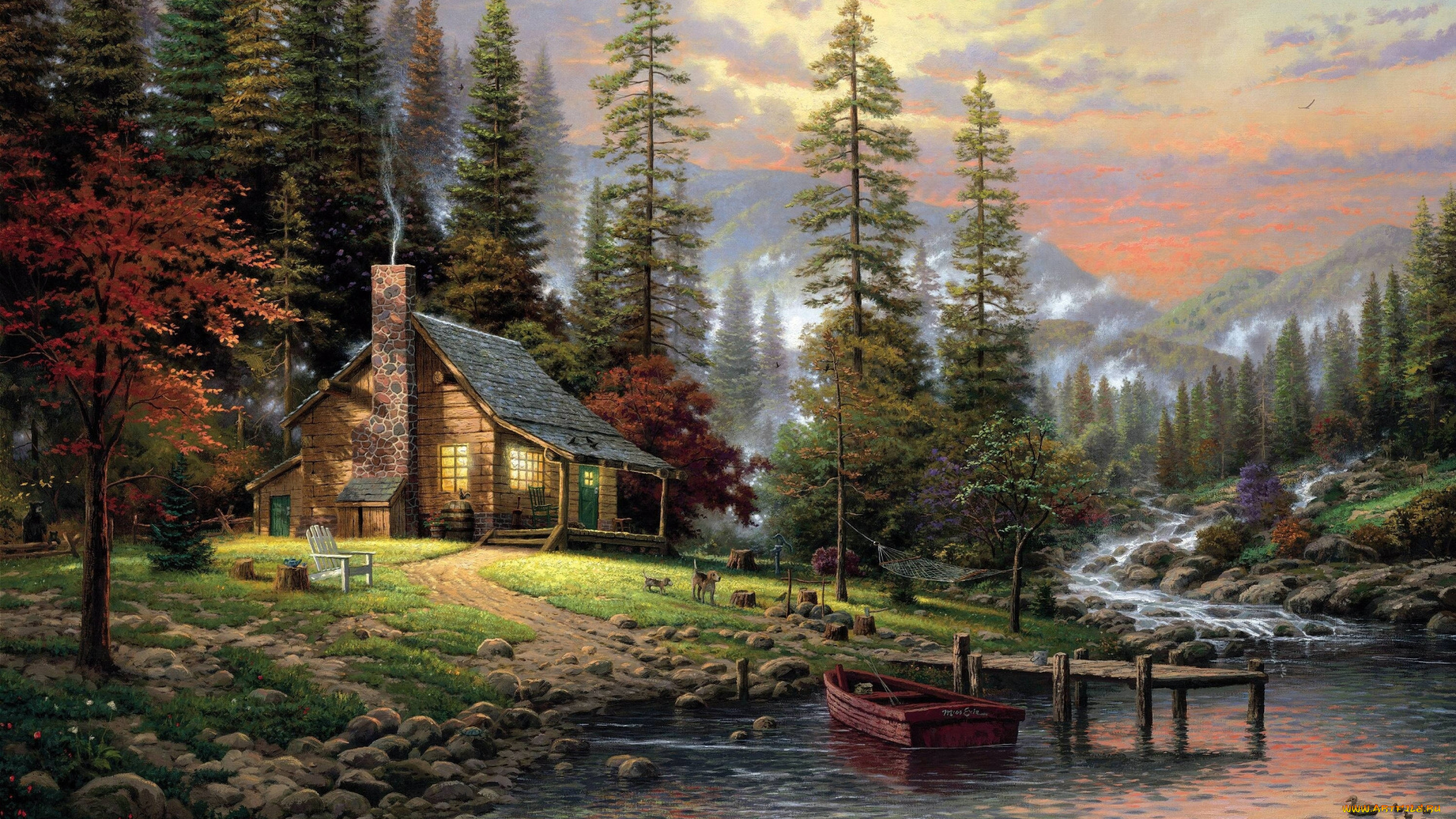 thomas, kinkade, рисованные, деревья, дом, лодка, природа, река, горы, пейзаж