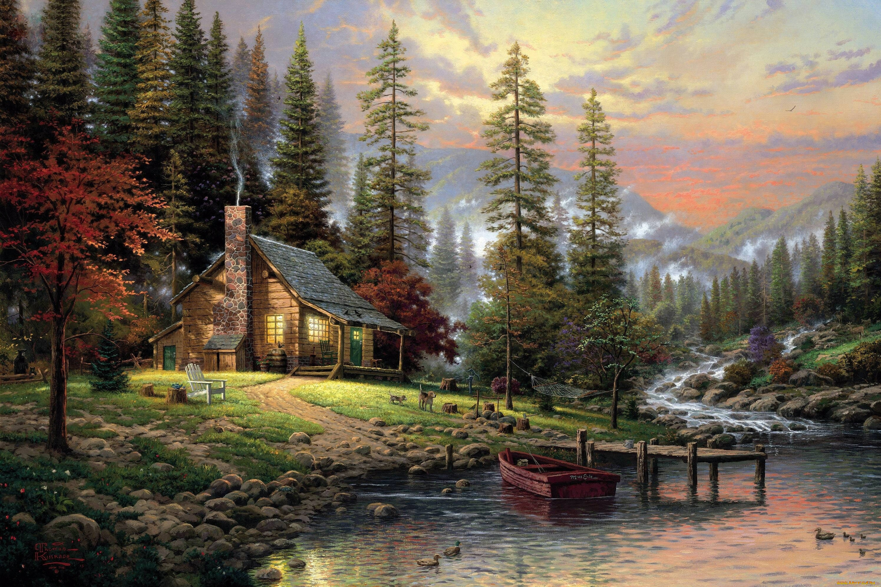 thomas, kinkade, рисованные, деревья, дом, лодка, природа, река, горы, пейзаж