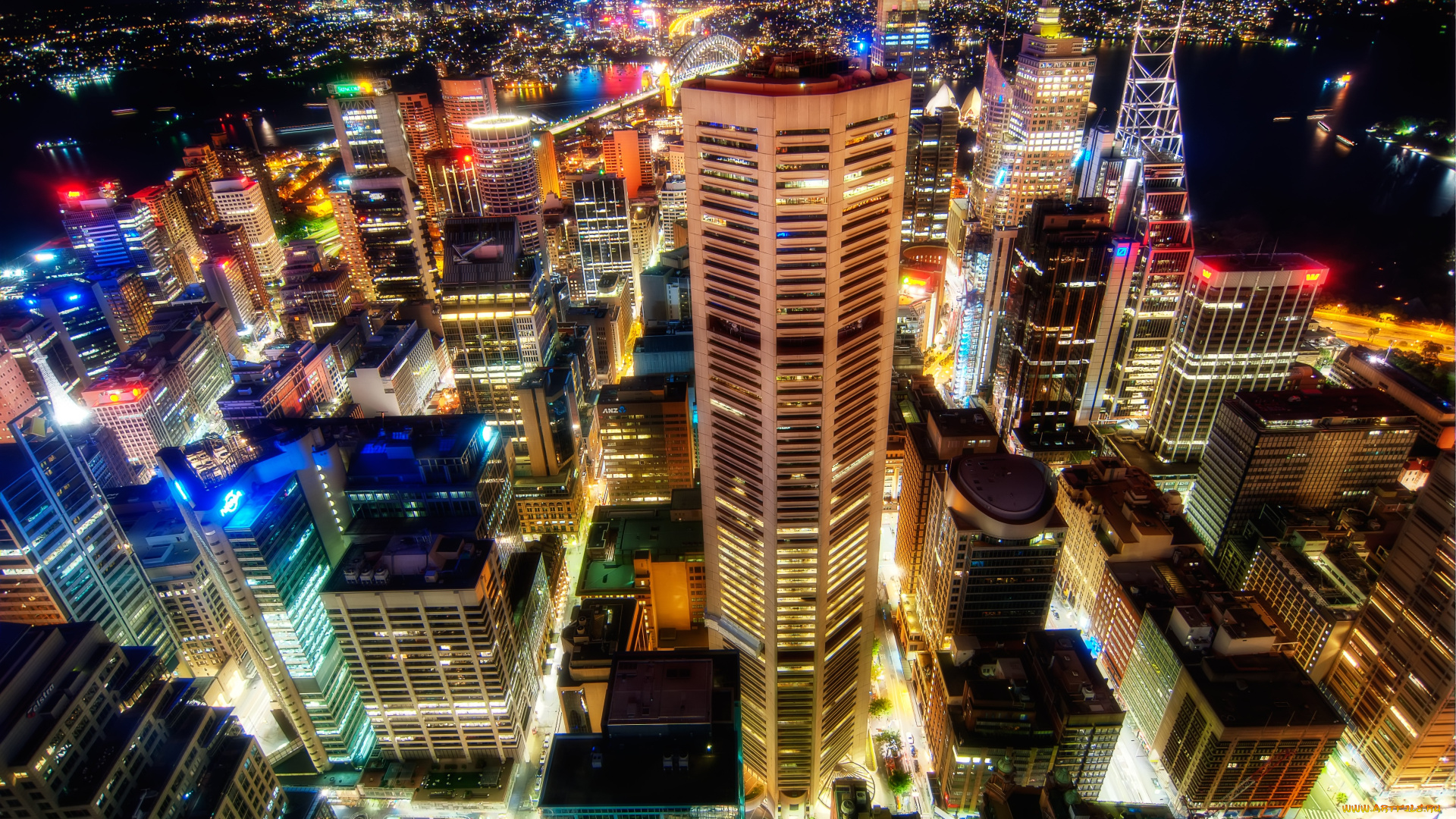 города, сидней, австралия, ночной, город, огни