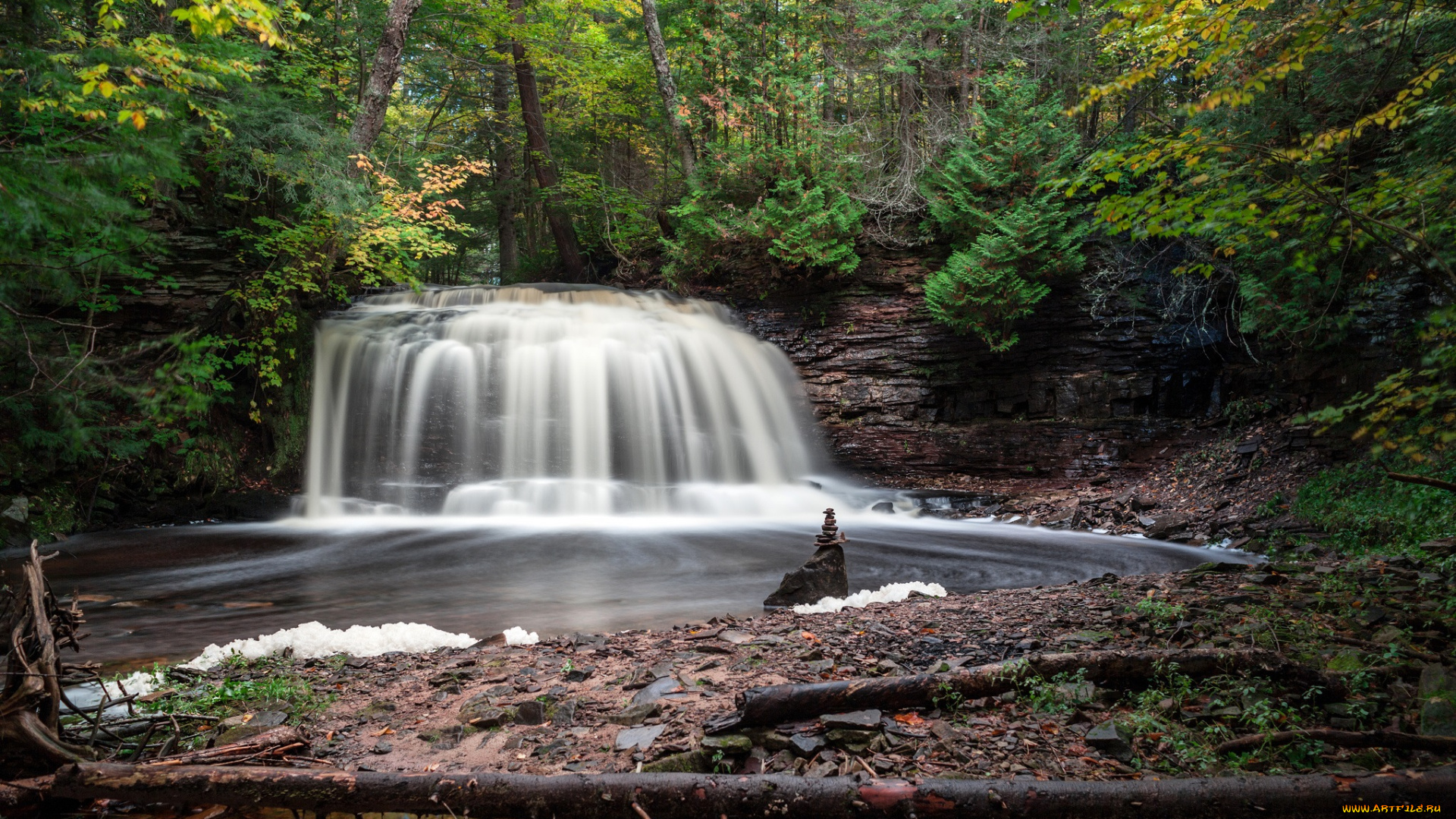 природа, водопады, лес, бревно, скалы, обрыв, река