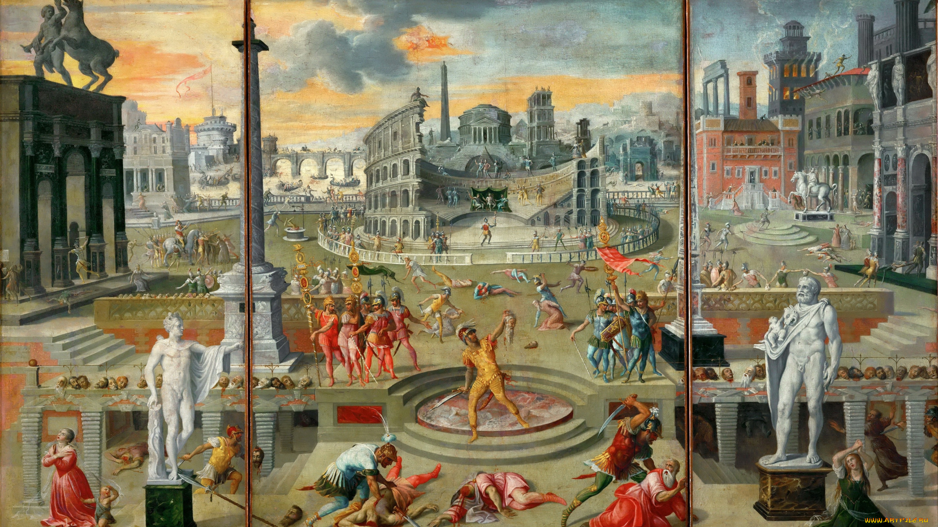 рисованные, живопись, люди, площадь, город