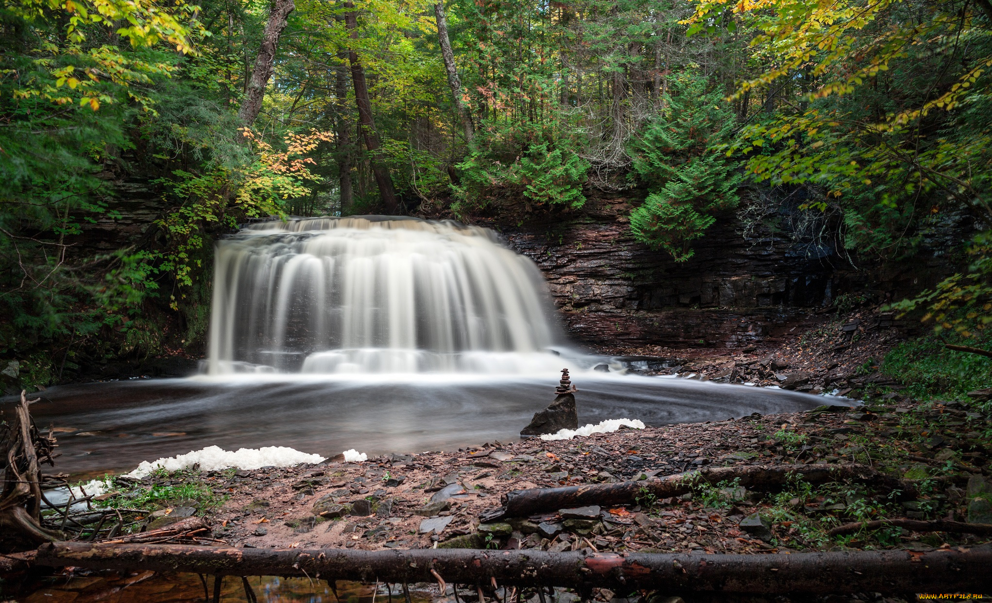 природа, водопады, лес, бревно, скалы, обрыв, река