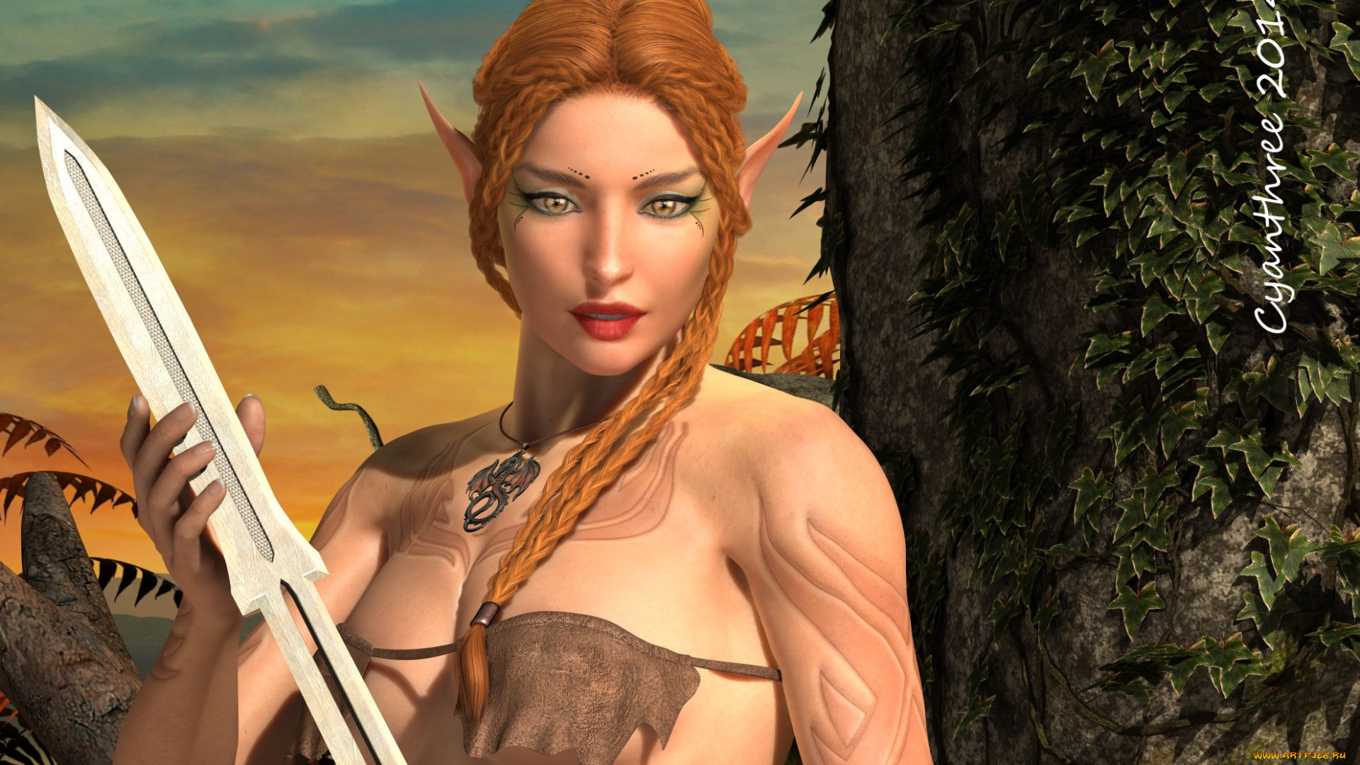 3д, графика, эльфы, , elves, меч, фон, взгляд, эльфийка