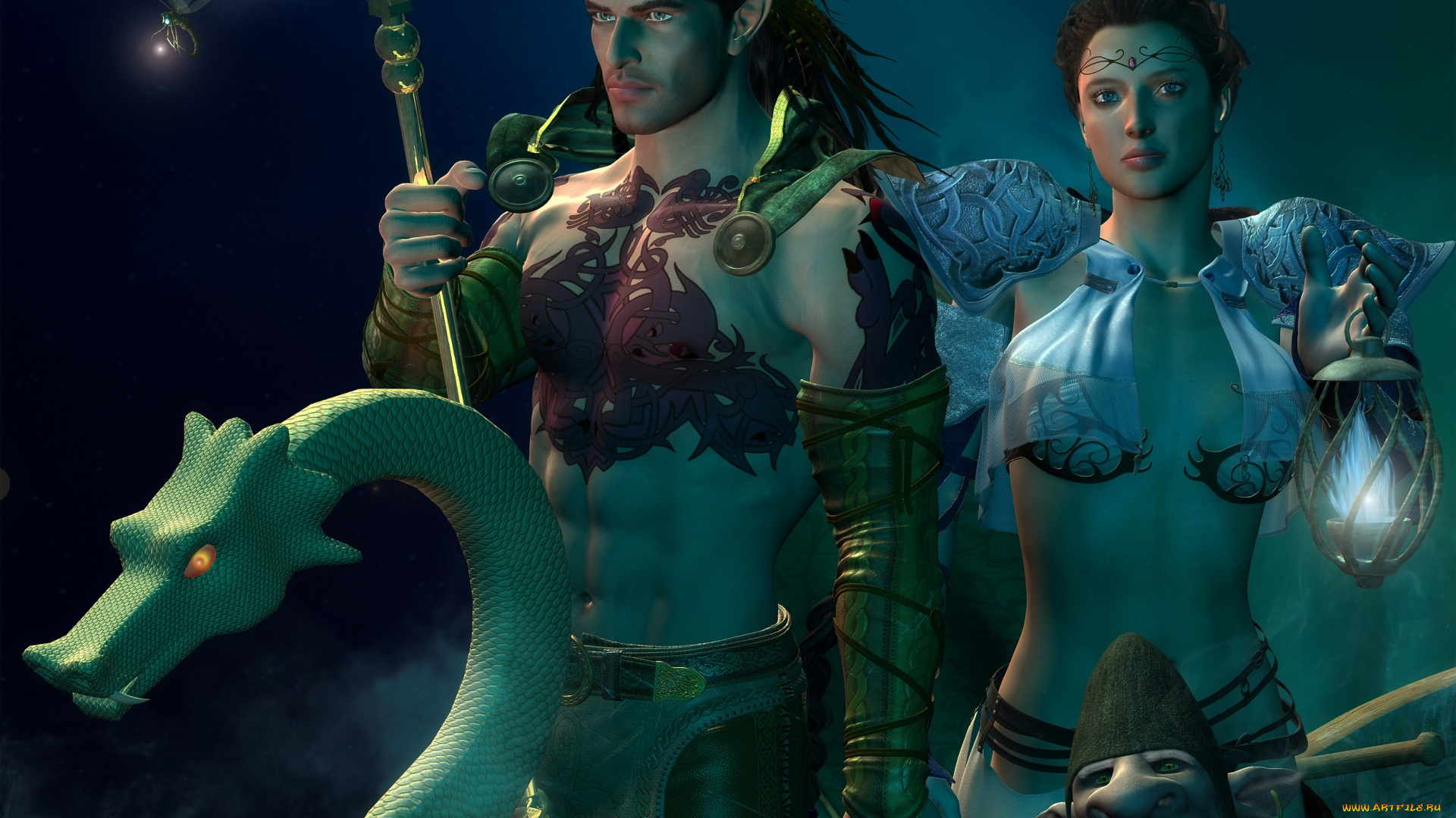 3д, графика, фантазия, , fantasy, девушка, парень, тролль, лодка