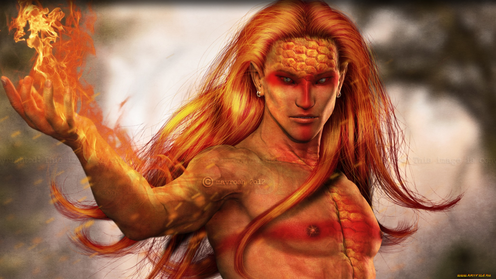 3д, графика, фантазия, , fantasy, огонь, парень, рыжий