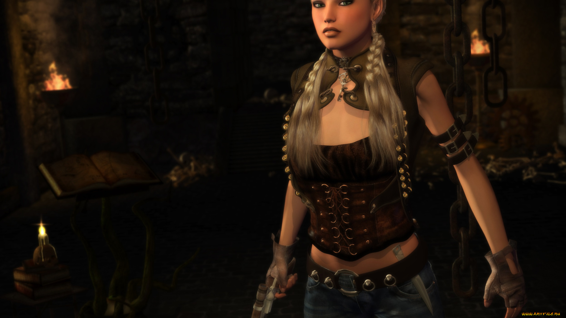 3д, графика, люди, , people, пистолет, оружие, девушка, свечи, комната