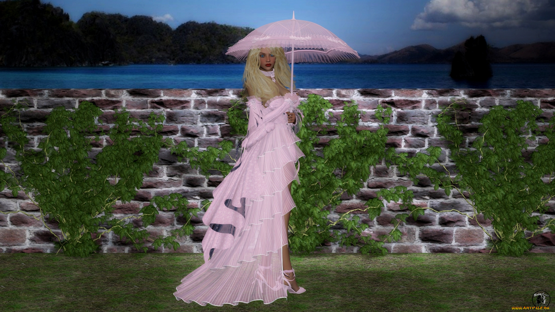 3д, графика, люди, , people, растение, забор, зонтик, блондинка, платье, фон, взгляд, девушка