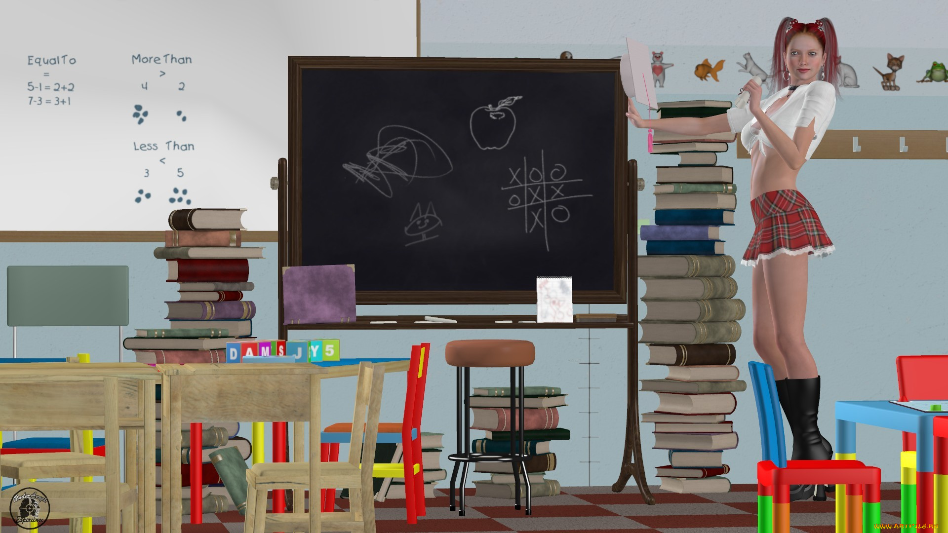 3д, графика, люди, , people, столы, кофточка, юбка, доска, рыжая, взгляд, девушка, стулья, книги