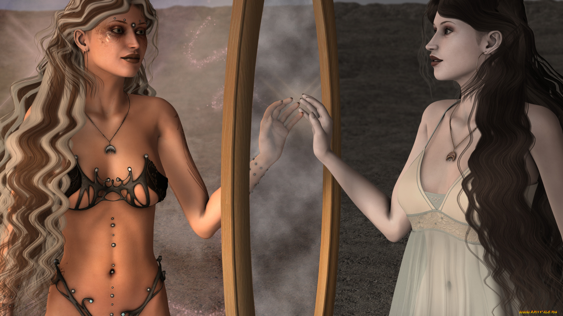 3д, графика, люди, , people, зеркало, девушки